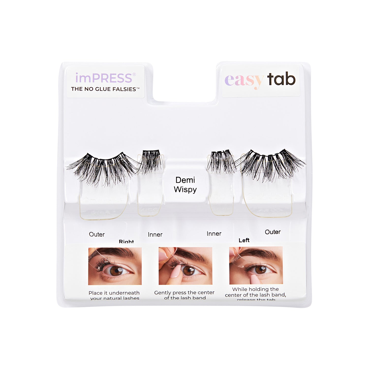 imPRESS easyTAB Demi Wispy false lashes with application instructions