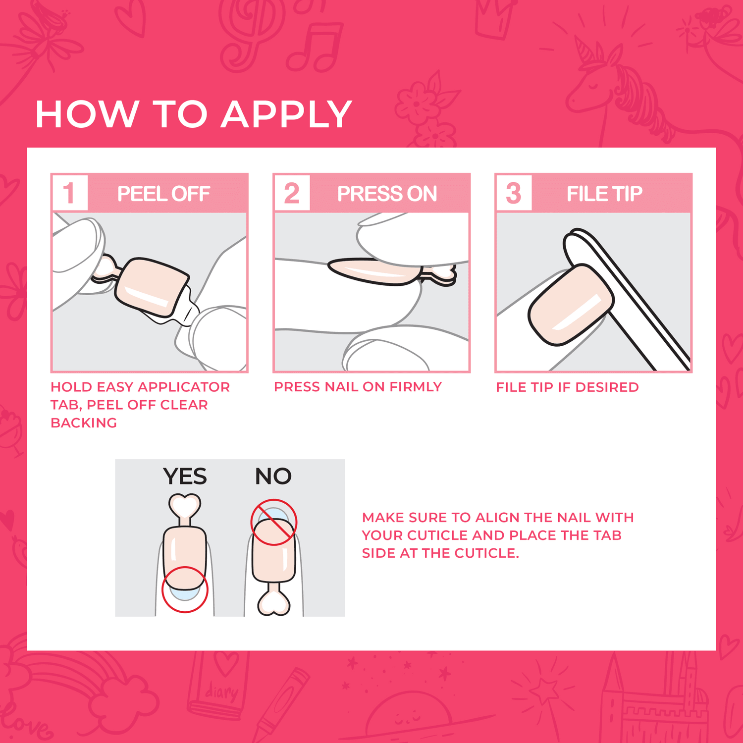 Instructions for applying press-on nails in three steps: peel off, press on, file tip.