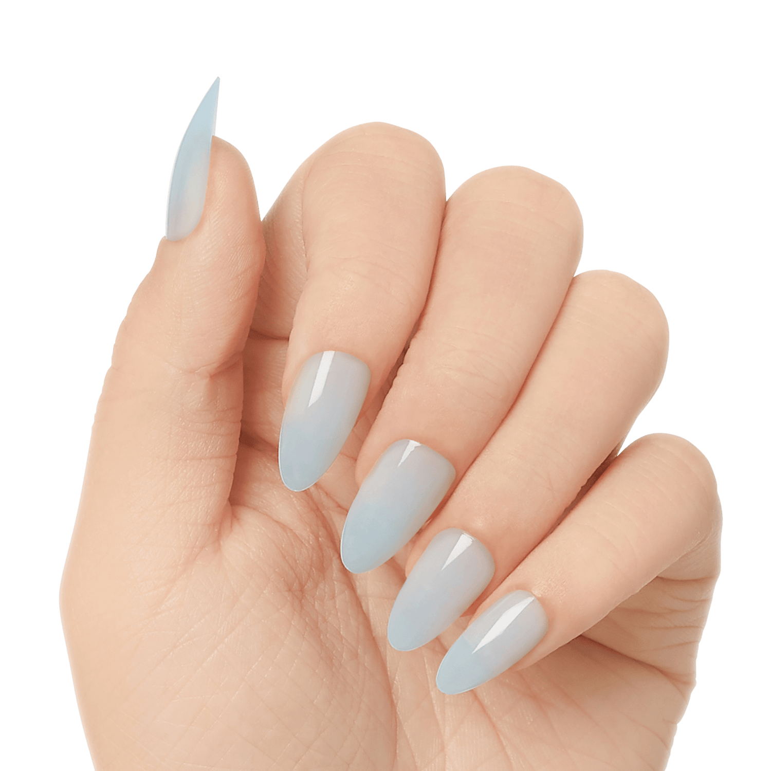 Hand with five long, almond-shaped press-on gel nails in a soft gradient of pale blue to light gray, glossy finish.
