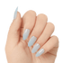 Hand with five long, almond-shaped press-on gel nails in a soft gradient of pale blue to light gray, glossy finish.