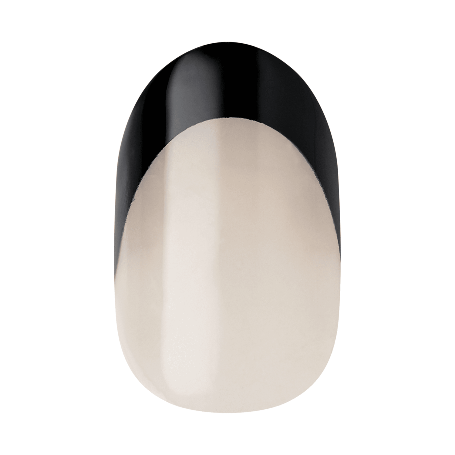 The image features a nail design that showcases a modern and stylish look. The nail is shaped in an oval or almond style, with a glossy finish. The tip of the nail is painted in a solid black color, while the base is a soft, translucent or nude shade, creating a striking contrast. This design combines elegance with a contemporary edge, making it suitable for various occasions.