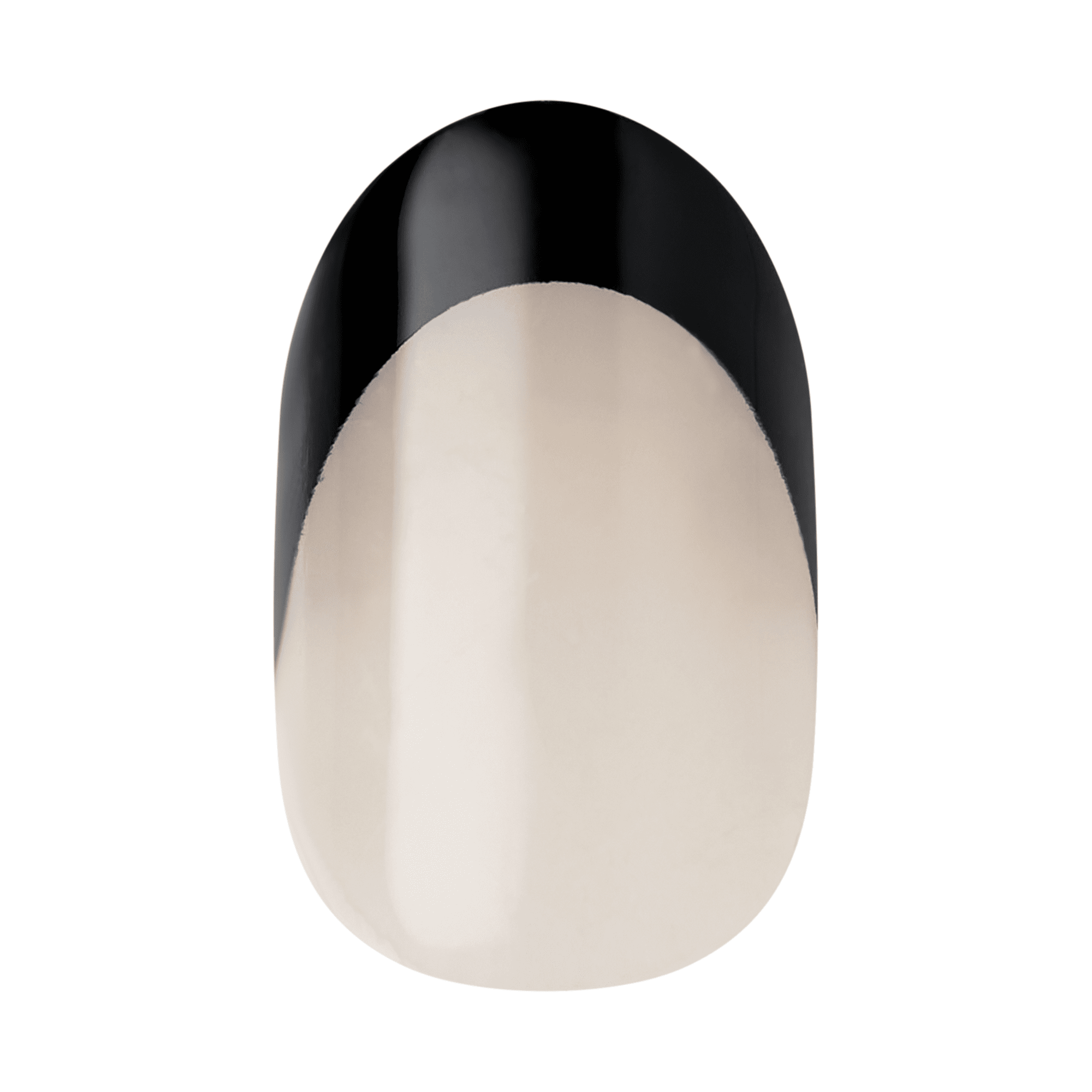 The image features a nail design that showcases a modern and stylish look. The nail is shaped in an oval or almond style, with a glossy finish. The tip of the nail is painted in a solid black color, while the base is a soft, translucent or nude shade, creating a striking contrast. This design combines elegance with a contemporary edge, making it suitable for various occasions.