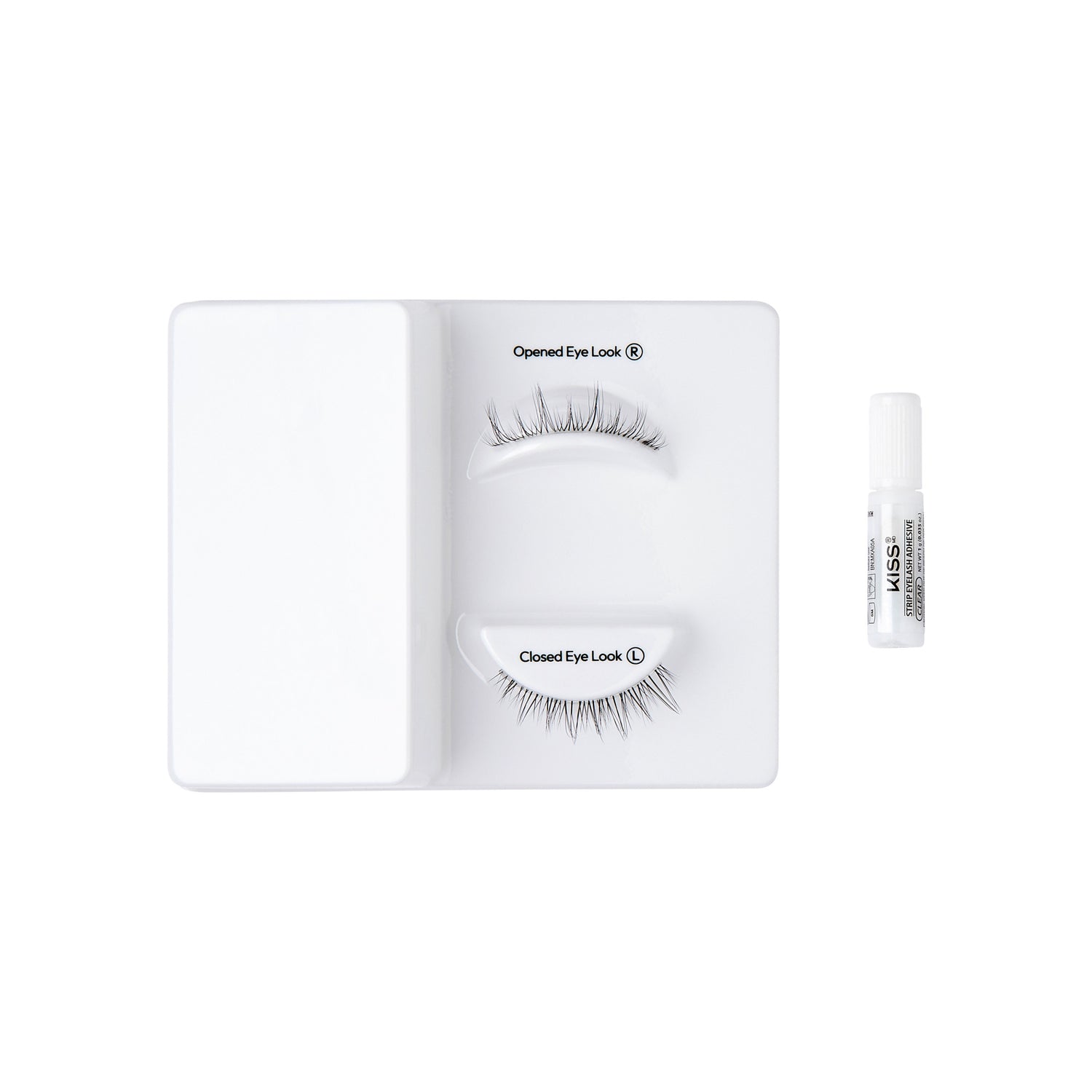 The image features a display of false eyelashes arranged on a white tray. There are two sets of lashes: one labeled "Opened Eye Look" and the other labeled "Closed Eye Look." Next to the tray, there is a small tube of adhesive, likely used for applying the lashes. The overall presentation is clean and organized, emphasizing the different styles of eyelashes.