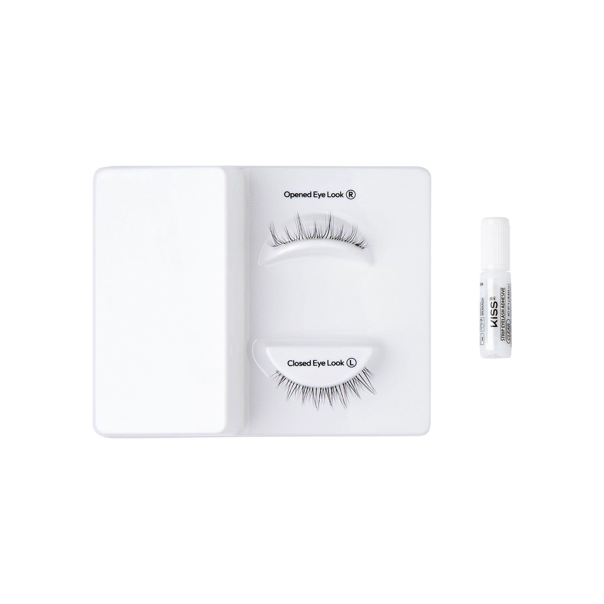 The image features a display of false eyelashes arranged on a white tray. There are two sets of lashes: one labeled "Opened Eye Look" and the other labeled "Closed Eye Look." Next to the tray, there is a small tube of adhesive, likely used for applying the lashes. The overall presentation is clean and organized, emphasizing the different styles of eyelashes.
