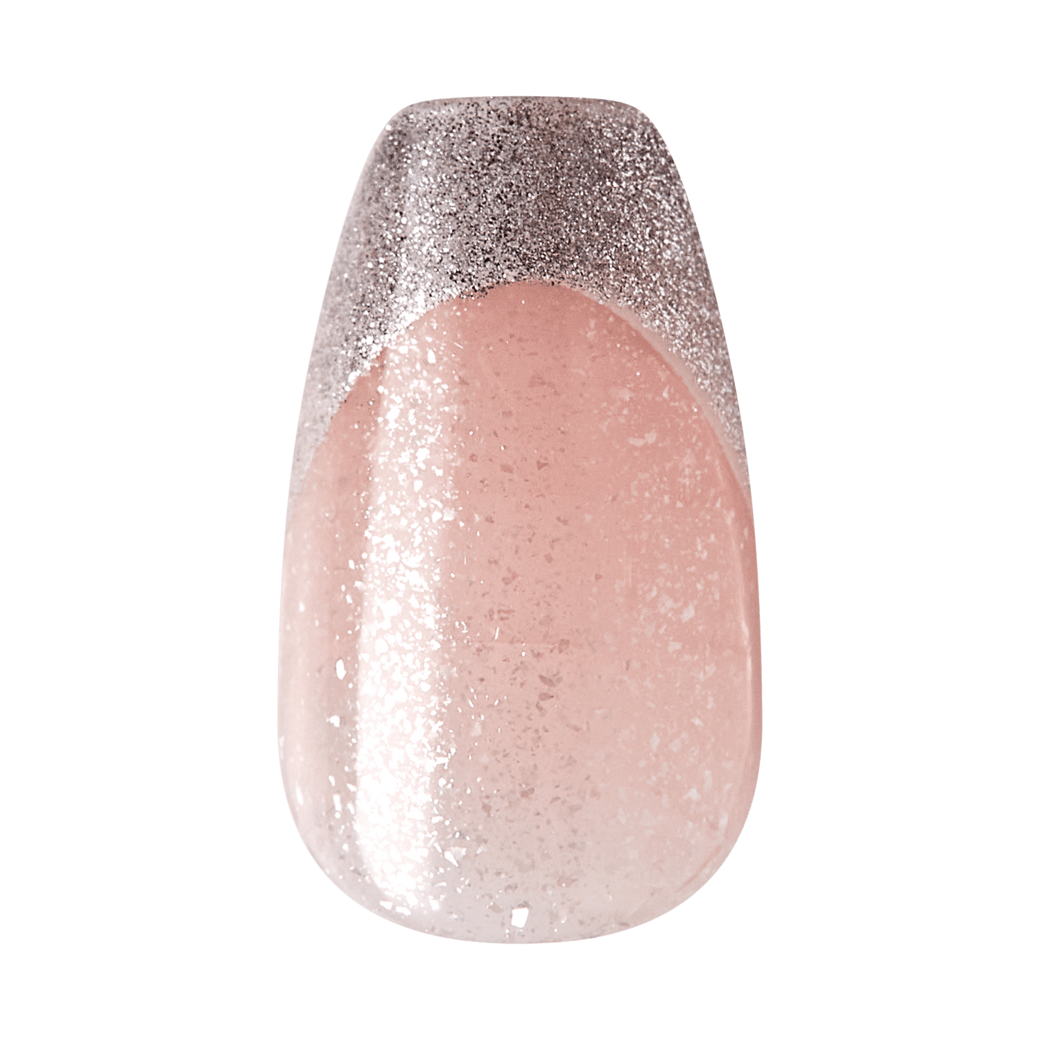 The image shows a single artificial nail with a gradient design. The base of the nail is a light pink color with a glossy finish, transitioning smoothly into a silver glittery tip. The glitter is densely packed at the tip and gradually becomes sparser as it moves towards the middle of the nail, creating a sparkling ombre effect. The overall look is elegant and stylish, suitable for various occasions.