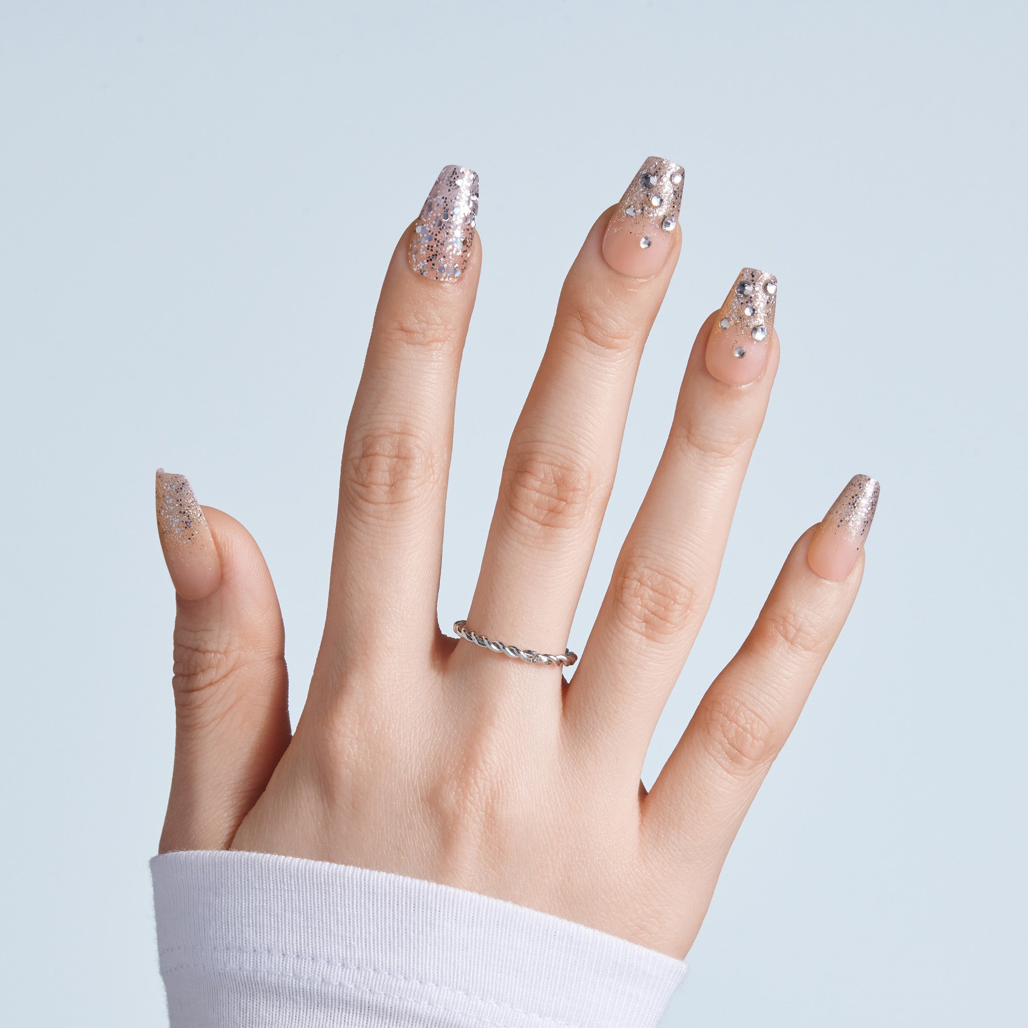 Kiss Glam 3D &amp; Jeweled Press On Fake Glue Nails - Yours | 3D &amp; Jewel Design, Pink, Medium, Coffin