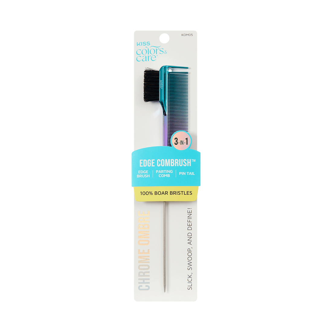 KISS Colors &amp; Care 3-in-1 Ombre Chrome Edge Combrush with blue-purple ombre comb, boar bristle edge brush, and metal pin tail, labeled "Edge Combrush" and "100% Boar Bristles."