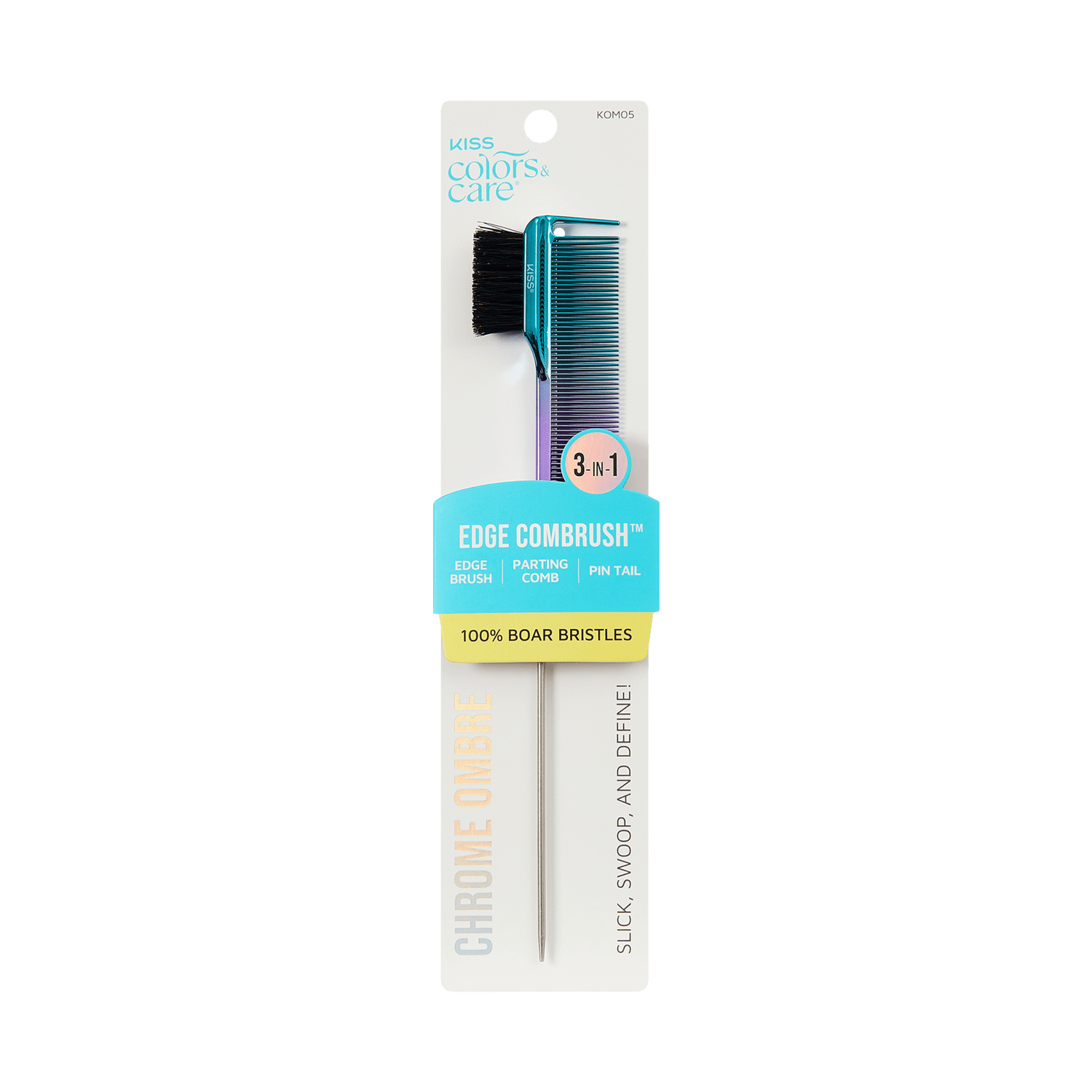 KISS Colors &amp; Care 3-in-1 Ombre Chrome Edge Combrush with blue-purple ombre comb, boar bristle edge brush, and metal pin tail, labeled "Edge Combrush" and "100% Boar Bristles."