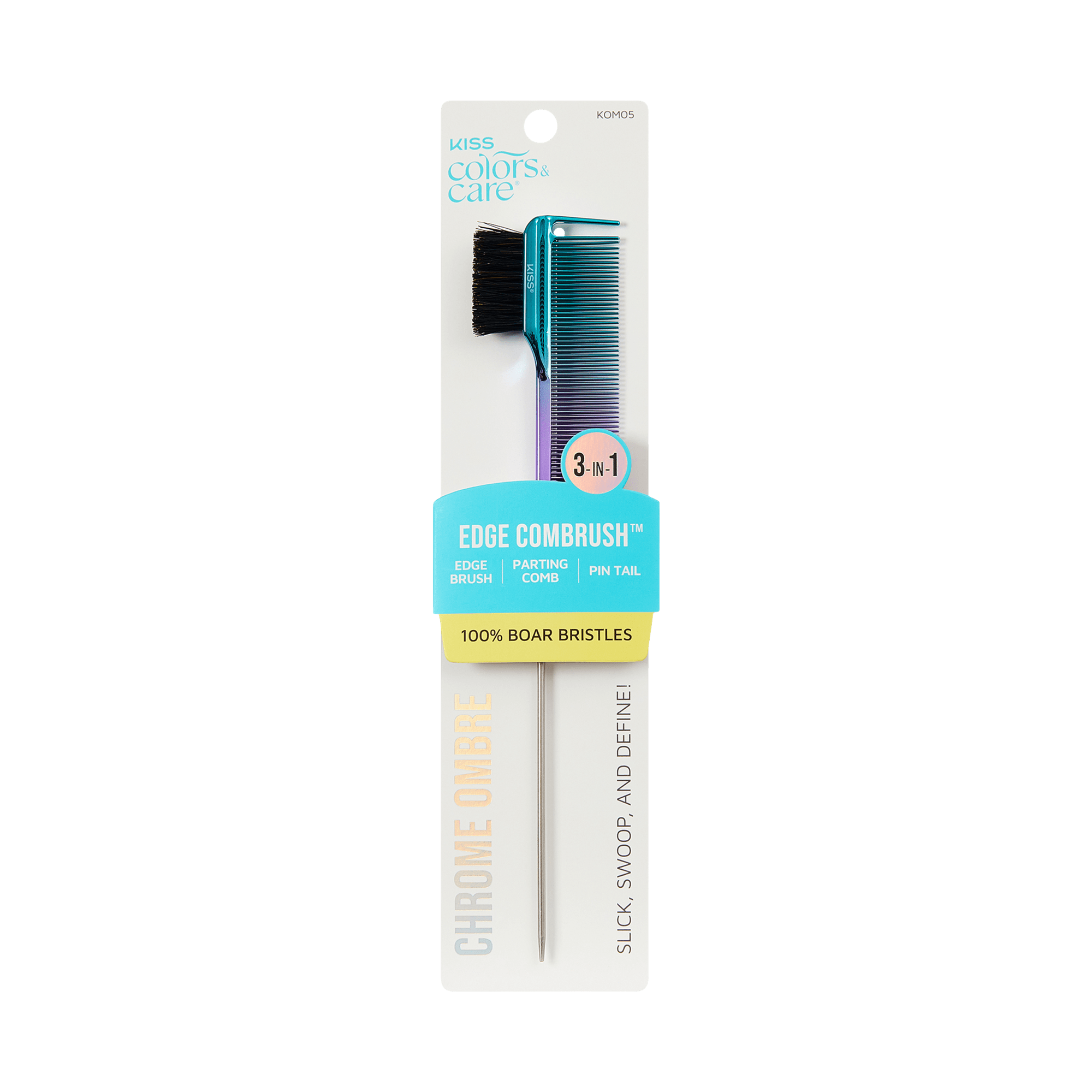 KISS Colors &amp; Care 3-in-1 Ombre Chrome Edge Combrush with blue-purple ombre comb, boar bristle edge brush, and metal pin tail, labeled "Edge Combrush" and "100% Boar Bristles."