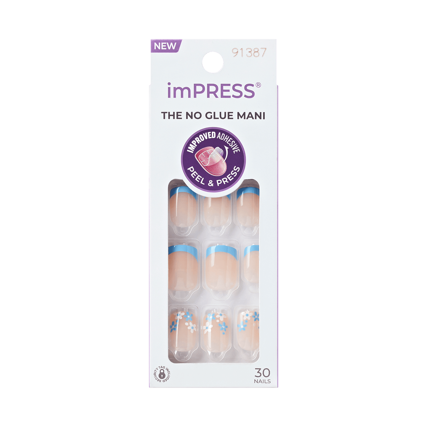 imPRESS The No Glue Mani press-on nails with blue French tips, 30 count package.