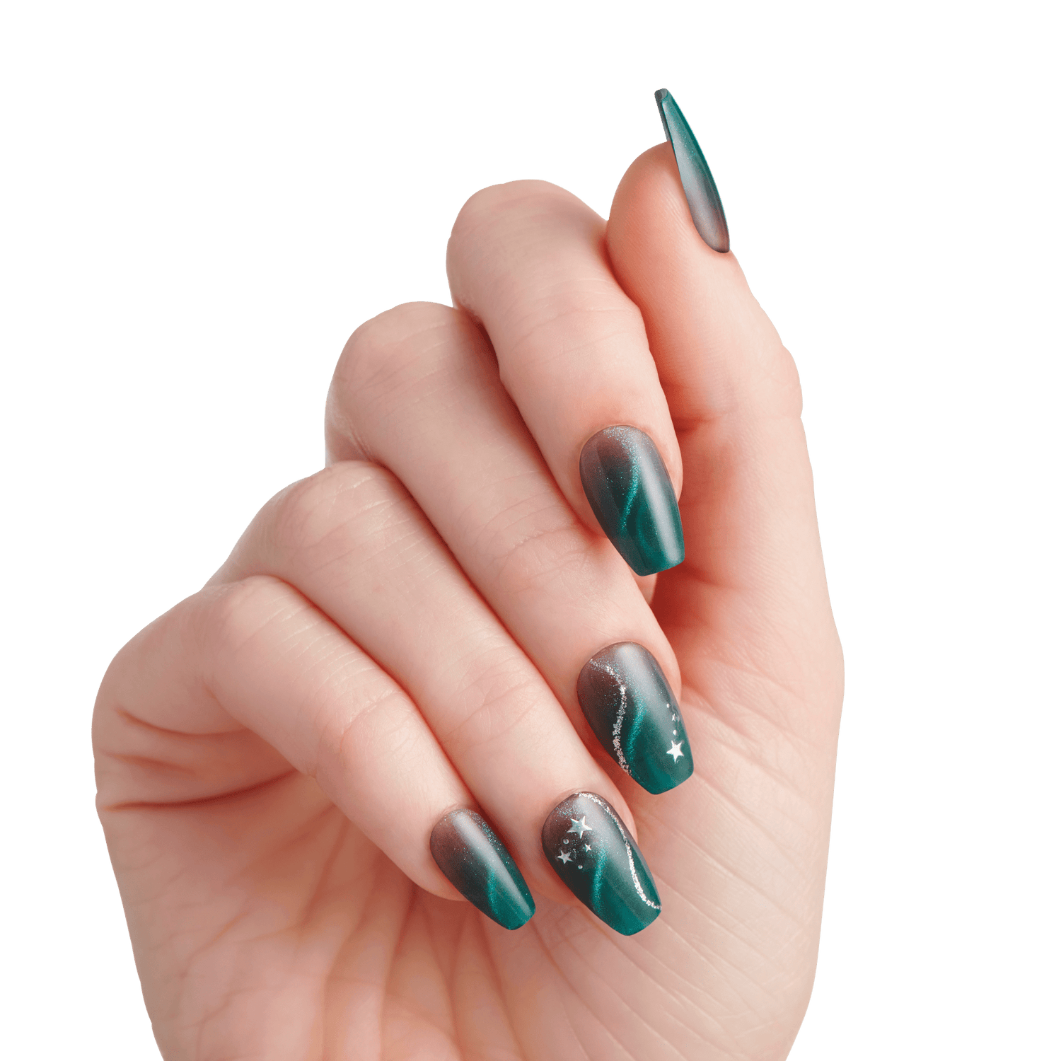 The image features a hand displaying beautifully manicured nails. The nails are long and almond-shaped, showcasing a gradient design that transitions from a deep teal to a darker shade. Some nails are adorned with delicate white star patterns, adding a celestial touch. The overall look is elegant and modern, with a glossy finish that enhances the colors and designs. The background is plain white, emphasizing the striking nail art.