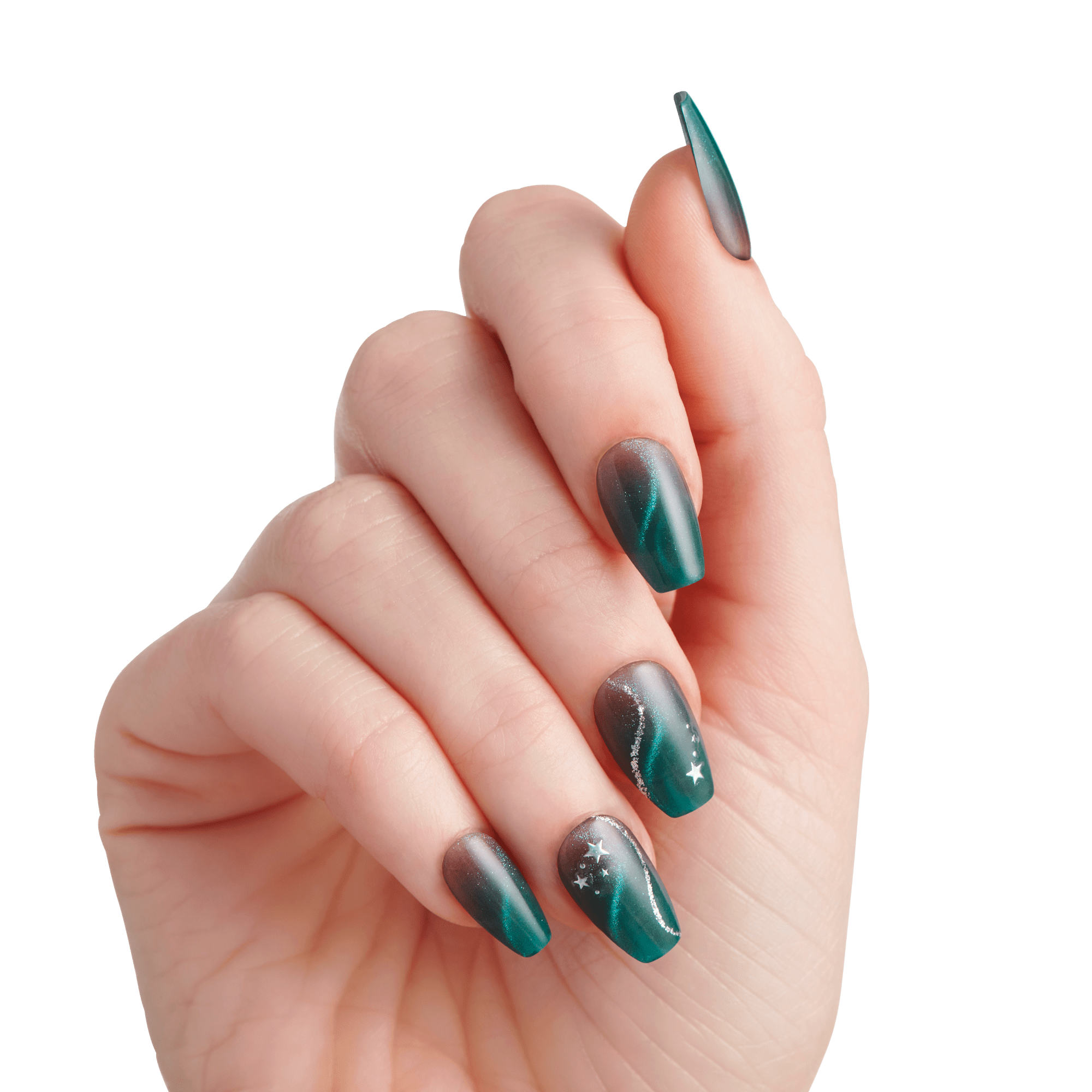 The image features a hand displaying beautifully manicured nails. The nails are long and almond-shaped, showcasing a gradient design that transitions from a deep teal to a darker shade. Some nails are adorned with delicate white star patterns, adding a celestial touch. The overall look is elegant and modern, with a glossy finish that enhances the colors and designs. The background is plain white, emphasizing the striking nail art.