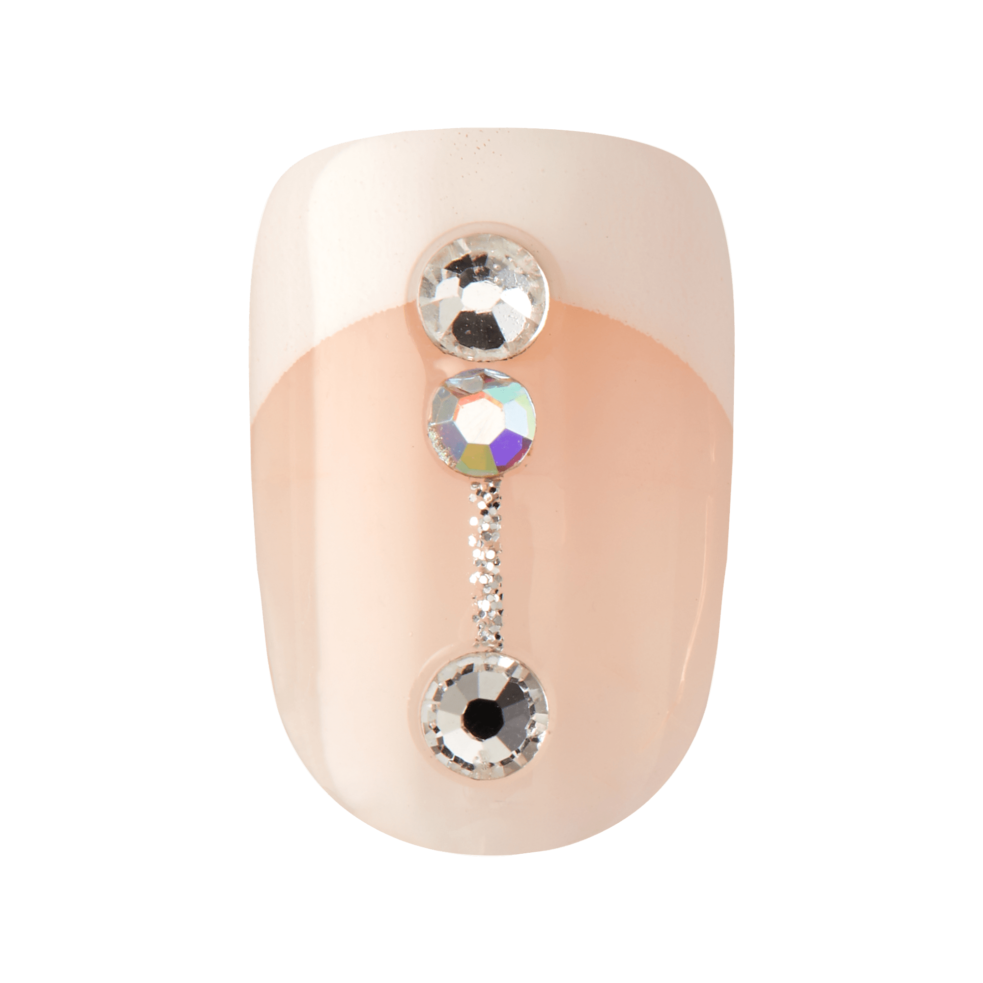 Single press-on nail with a soft peach and nude color block design, decorated with three vertically aligned silver rhinestones connected by a glittery silver line.
