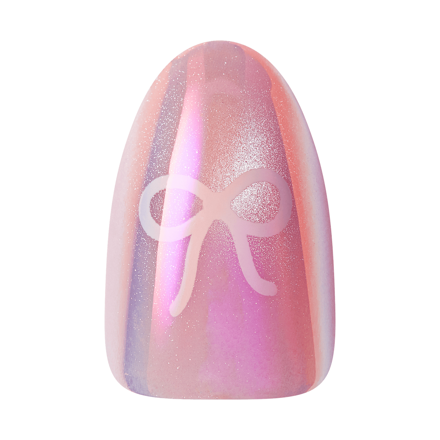 Pink glittery nail with white bow design and holographic shimmer effect