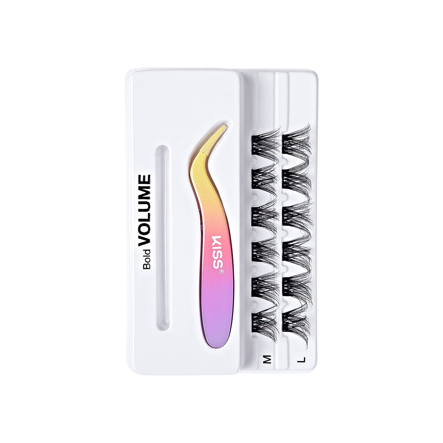 The image shows a set of false eyelashes and an applicator tool. The set is branded "KISS" and is labeled "Bold VOLUME." The packaging includes three pairs of false eyelashes, each labeled with different sizes: "S," "M," and "L." The applicator tool has a gradient color, transitioning from yellow to pink. The overall packaging is white, with the brand name and product description printed in black.