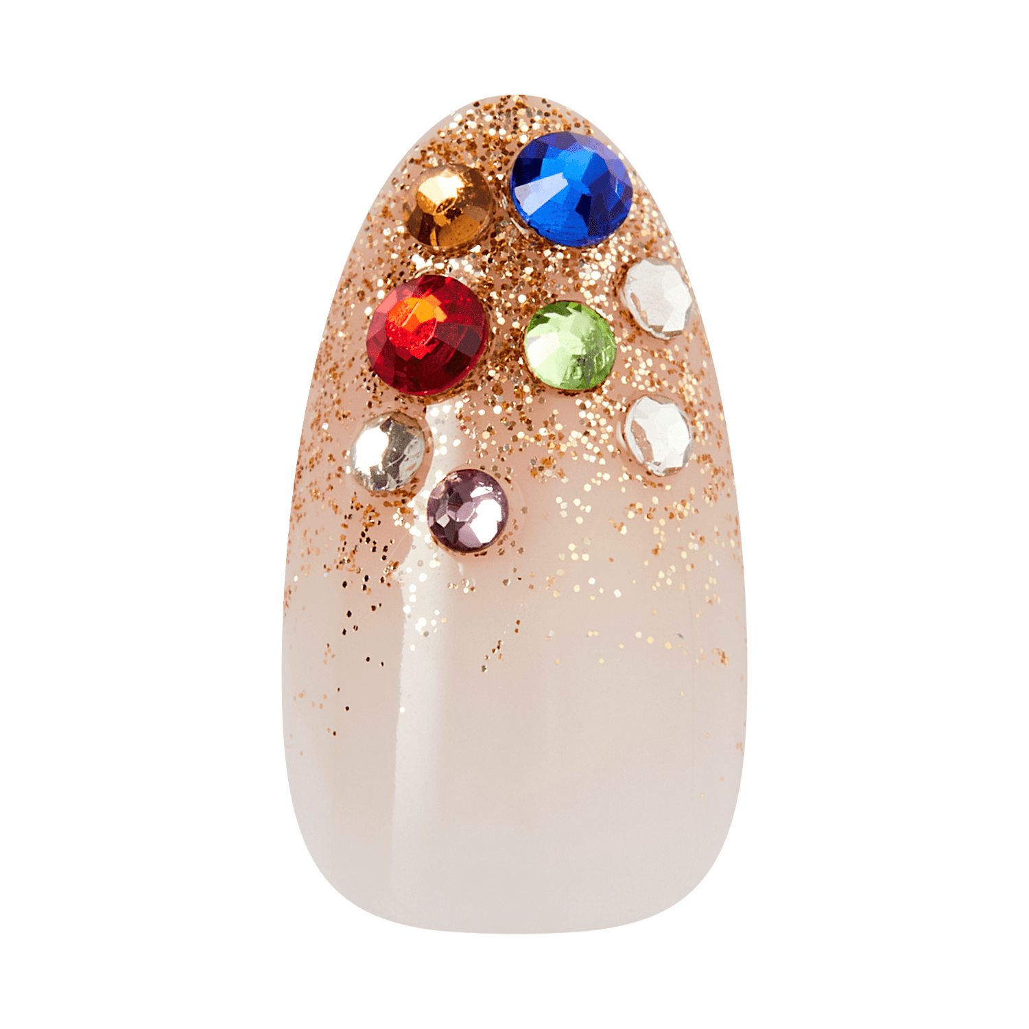 Decorative egg with gold glitter and colorful rhinestones on cream base.