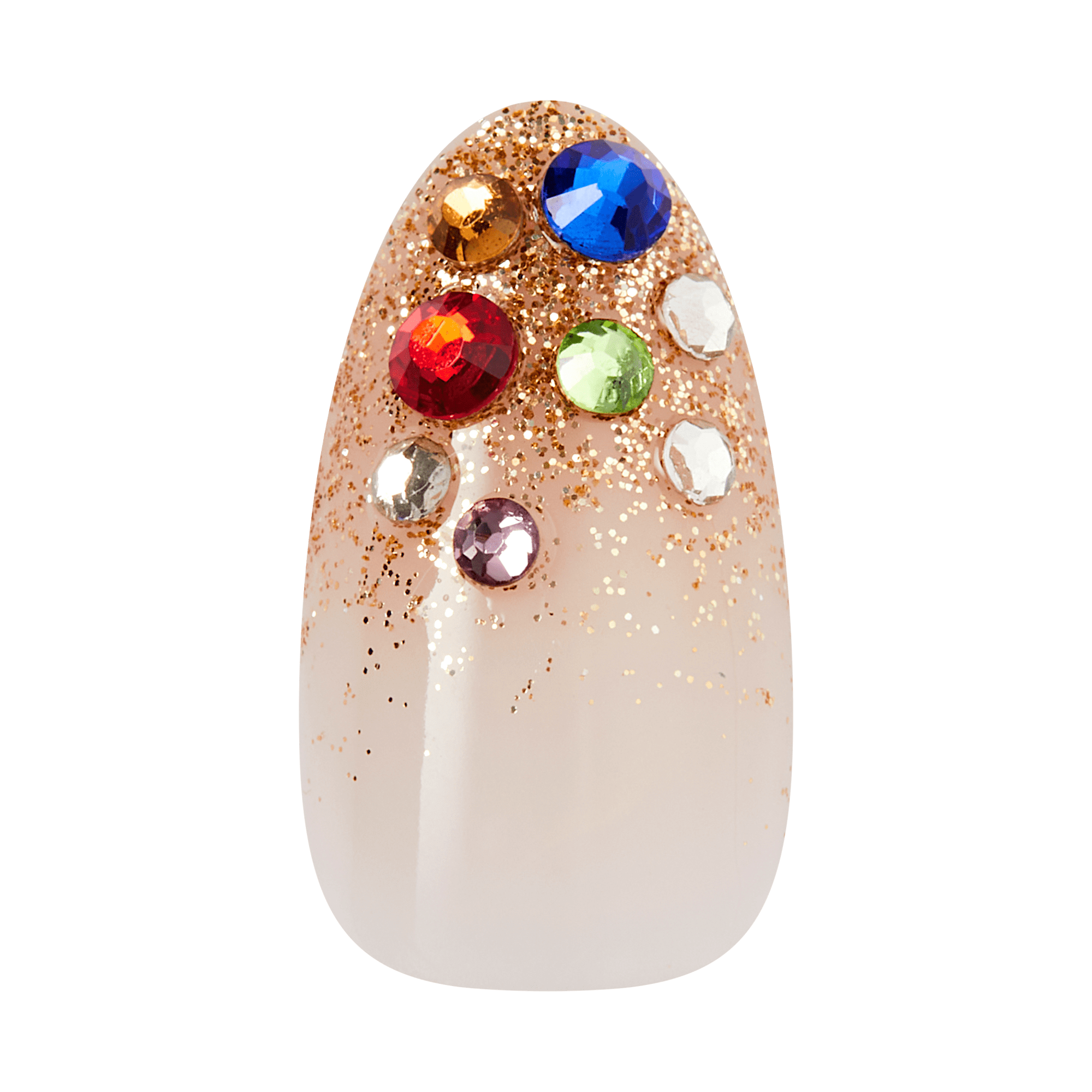 Decorative egg with gold glitter and colorful rhinestones on cream base.