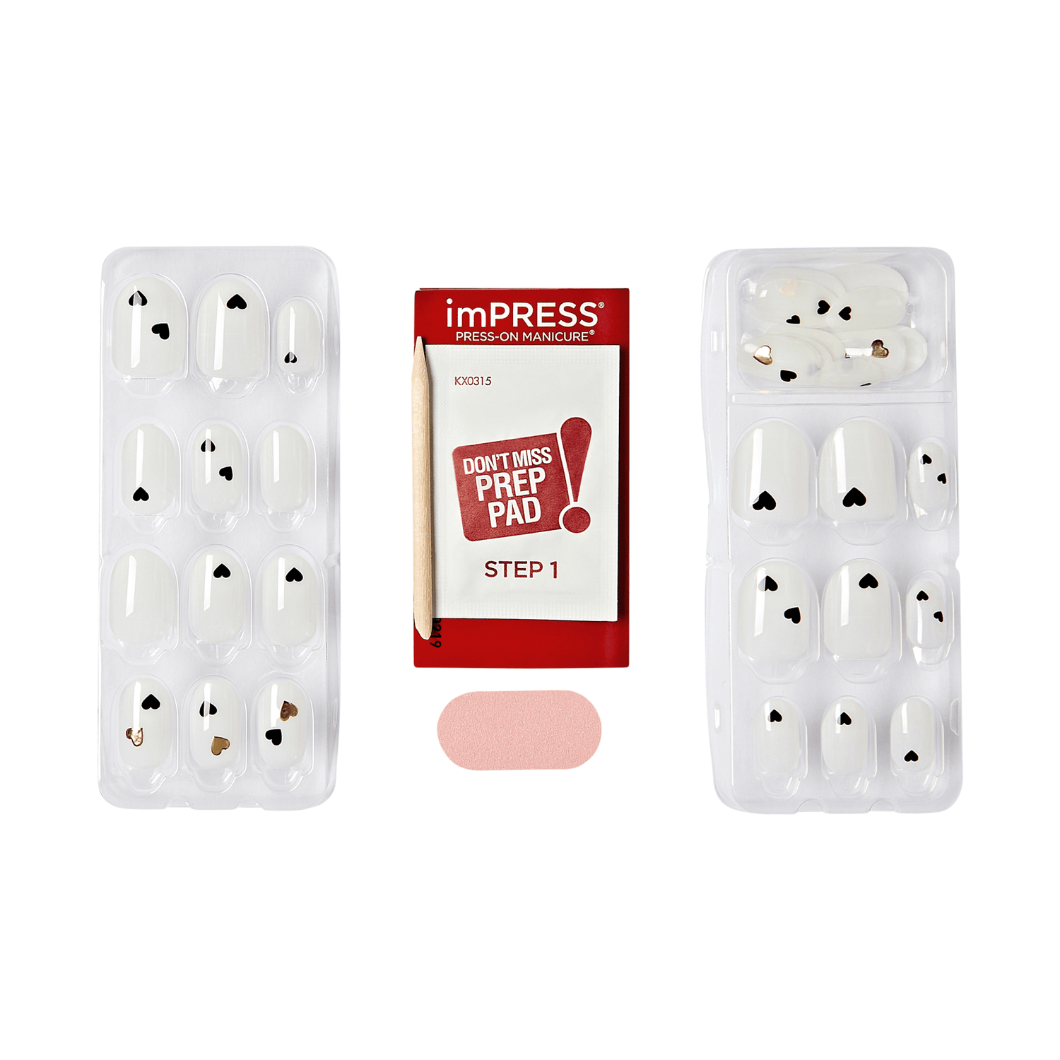 The image features a set of press-on nails from the brand imPRESS. The nails are displayed in a clear plastic case, showcasing a variety of designs. Most of the nails are white with small black hearts, while some have gold accents. In the center of the image, there is a prep pad labeled "DON&