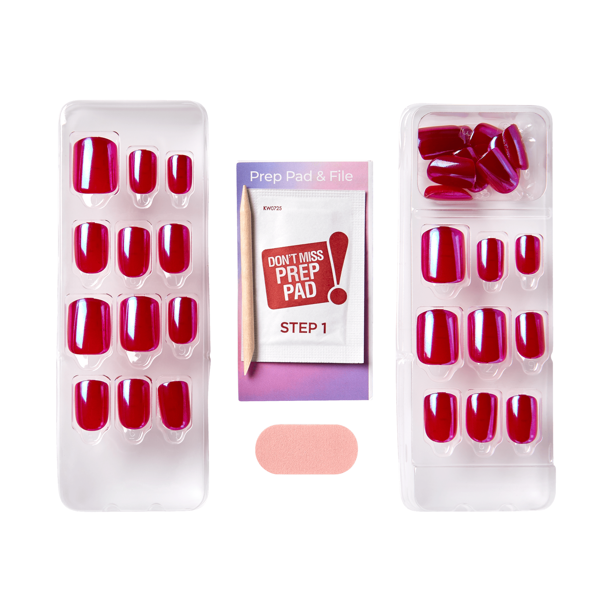 The image shows a set of artificial nails and nail preparation tools. There are two transparent plastic trays, each containing a set of red artificial nails of various sizes. Between the trays, there is a purple package labeled "Prep Pad &amp; File" with the text "DON&