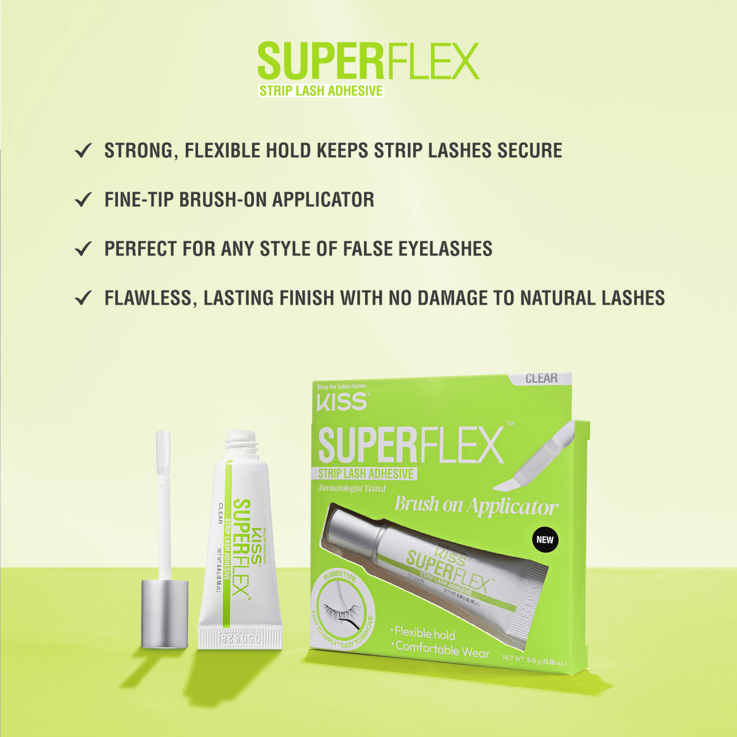 Kiss Superflex Strip Lash Adhesive with brush applicator and product features on lime green background.