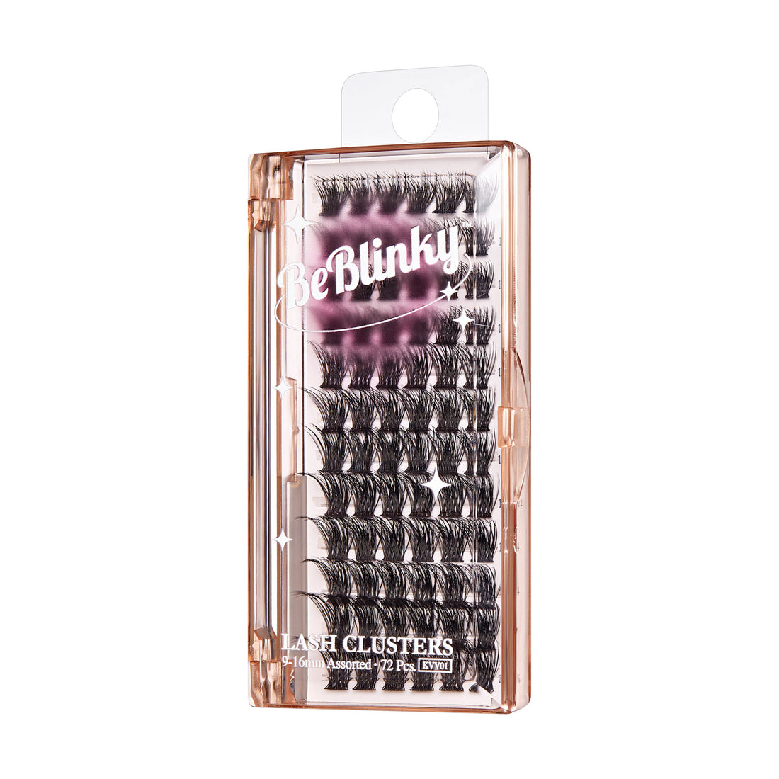 The image features a clear plastic case containing lash clusters from the brand Be Blinky. The packaging is designed in a soft peach color and showcases an assortment of individual lash clusters. The lashes appear to be varying in length and thickness, providing options for different looks. The label on the packaging prominently displays the brand name "Be Blinky" along with the product name "Lash Clusters." The overall presentation suggests a focus on beauty and enhancing eyelashes.