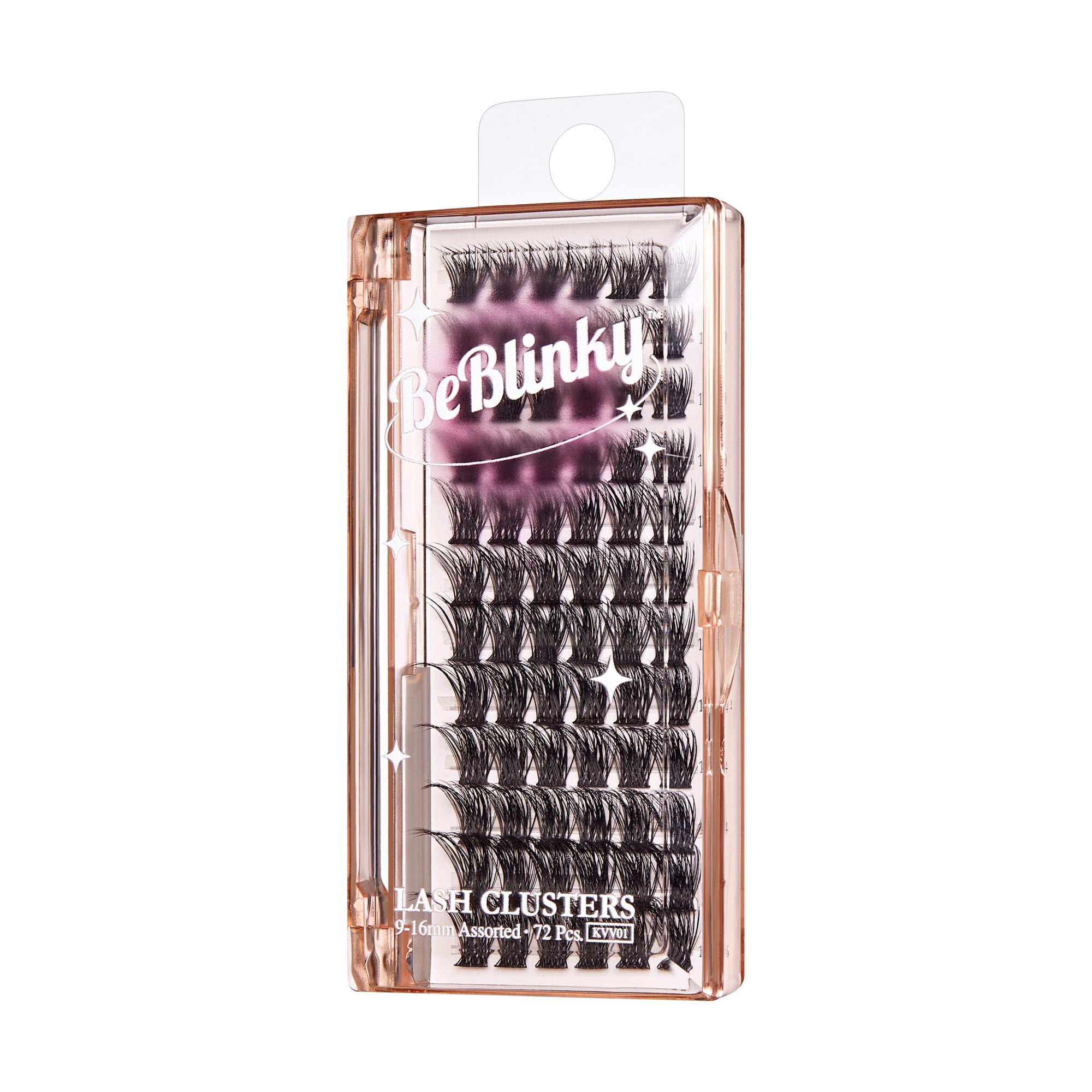 The image features a clear plastic case containing lash clusters from the brand Be Blinky. The packaging is designed in a soft peach color and showcases an assortment of individual lash clusters. The lashes appear to be varying in length and thickness, providing options for different looks. The label on the packaging prominently displays the brand name "Be Blinky" along with the product name "Lash Clusters." The overall presentation suggests a focus on beauty and enhancing eyelashes.