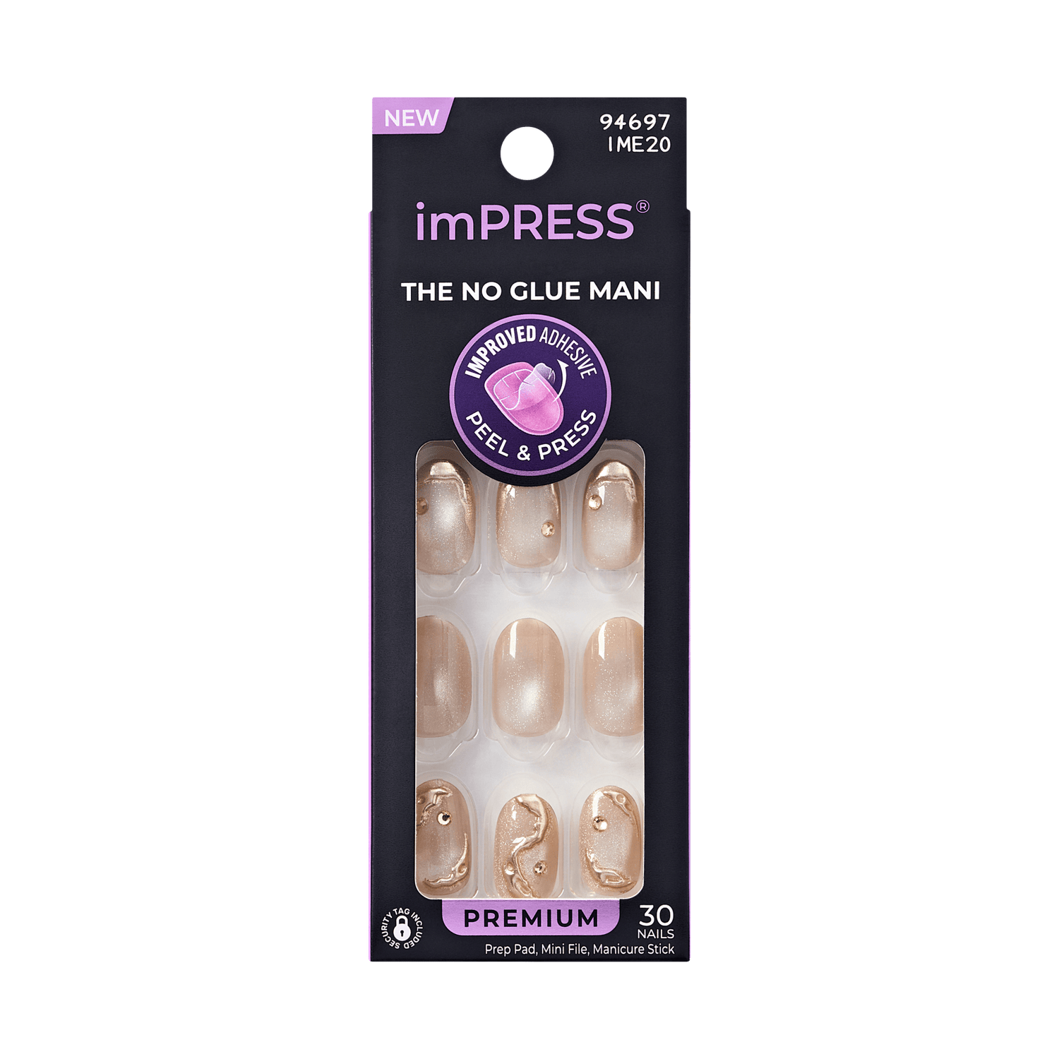Impress Premium No Glue Fake Press On Nails - Over The Top | Design, Beige, Short, Oval, Manicure
