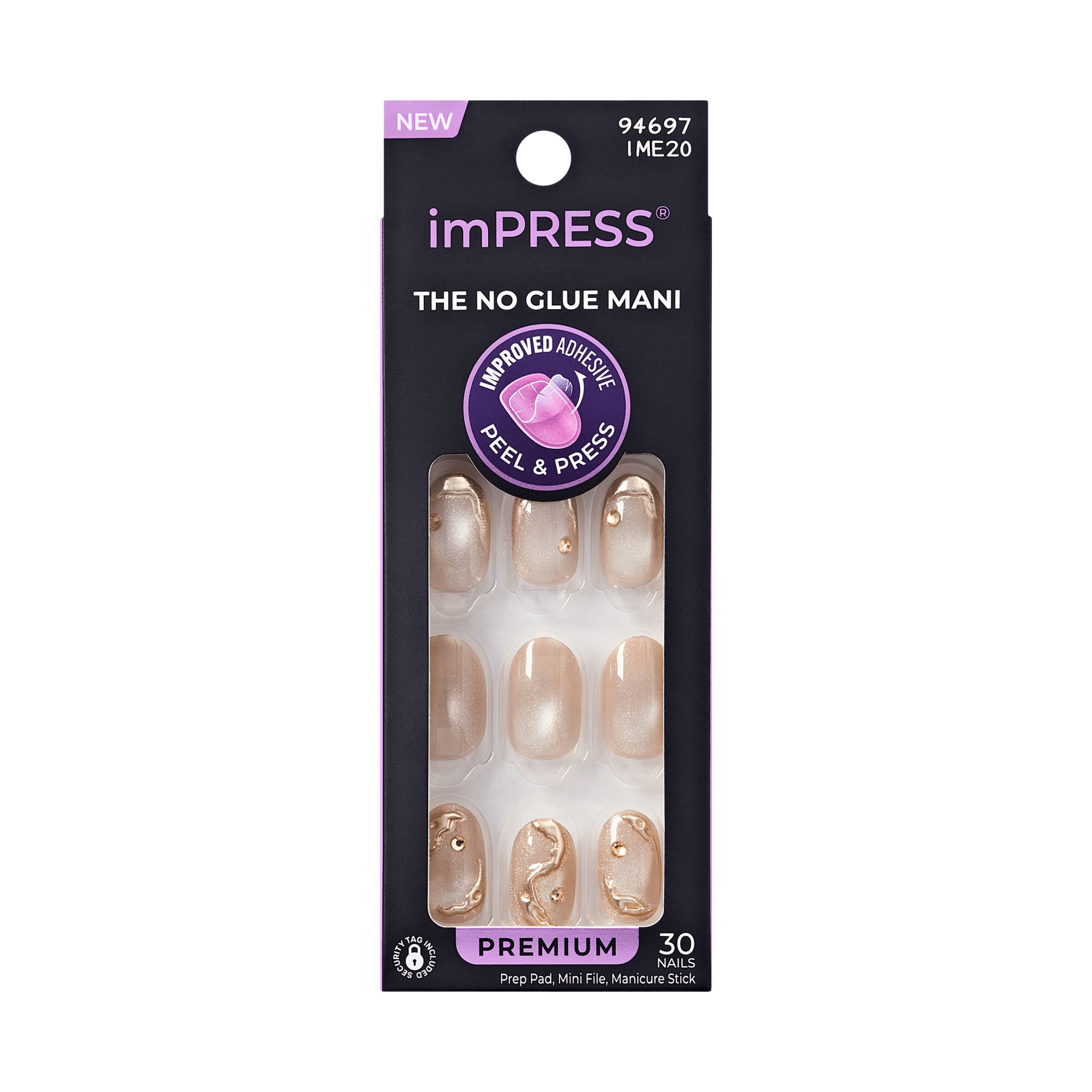 Impress Premium No Glue Fake Press On Nails - Over The Top | Design, Beige, Short, Oval, Manicure