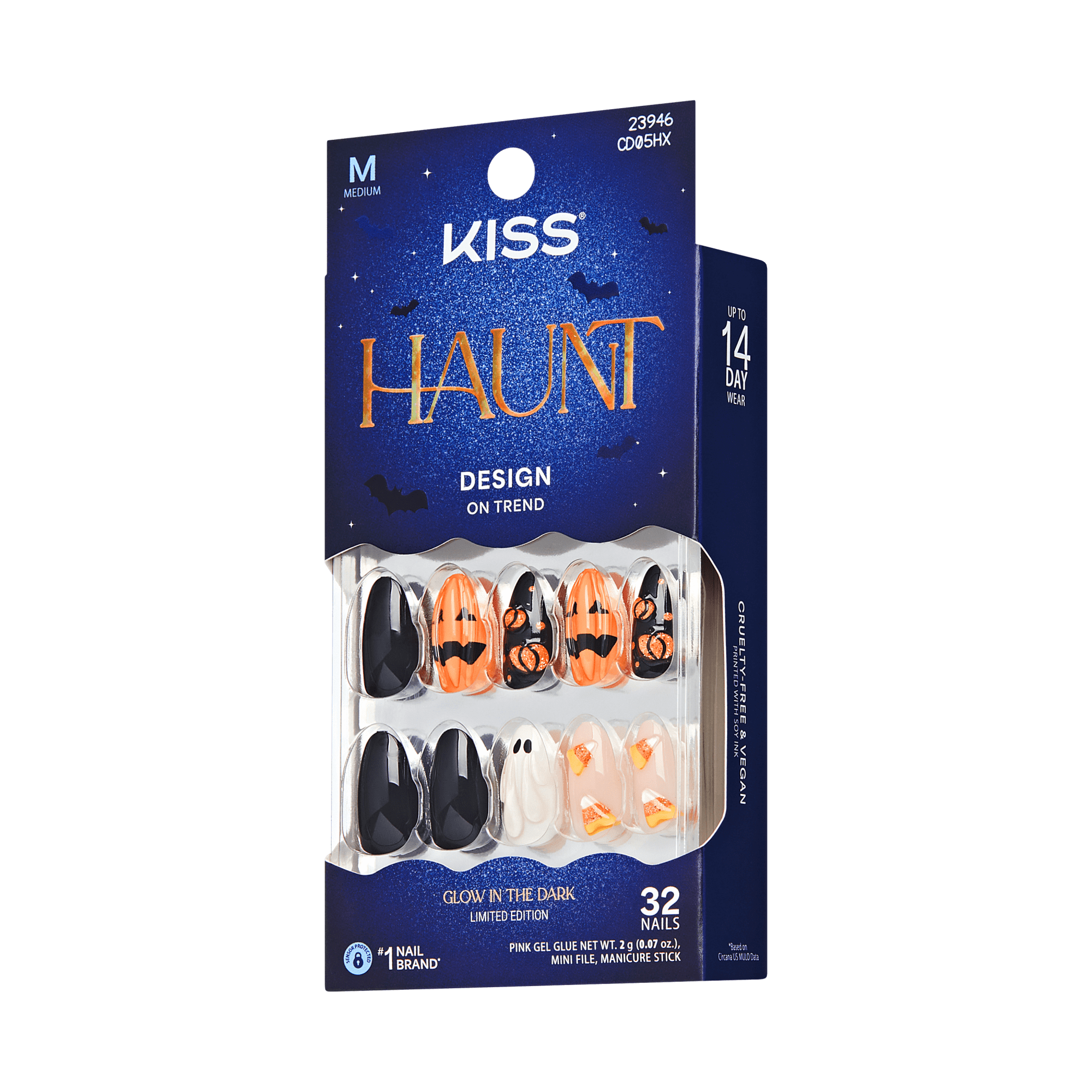 Kiss Haunt Halloween Press On Fake Glue Nails - Witching Hour | Design, Orange, Medium, Almond, Glow In The Dark