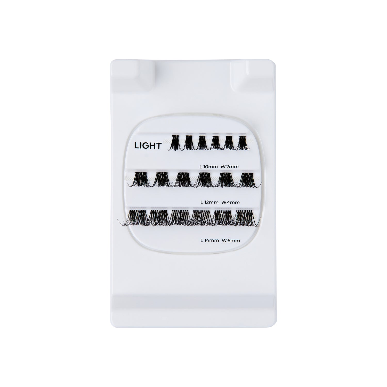 The image features a white lash tray displaying various lengths and widths of false eyelashes. The tray is labeled "LIGHT" and contains multiple rows of lashes, with lengths of 10mm, 12mm, and 14mm, and widths of 0.10mm, 0.15mm, and 0.20mm. The lashes are arranged neatly, showcasing their varying styles and sizes, suitable for different looks and preferences in eyelash extensions.