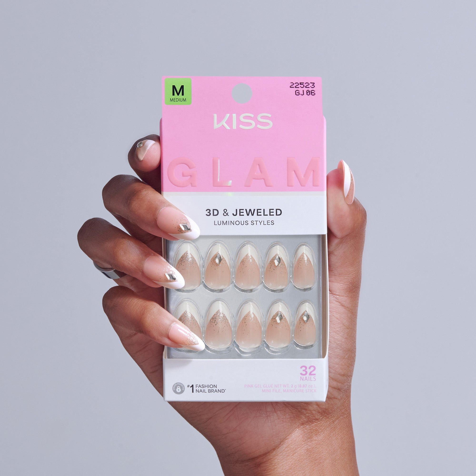 KISS Glam 3D &amp; Jeweled nude almond fake nails with rhinestones, size M