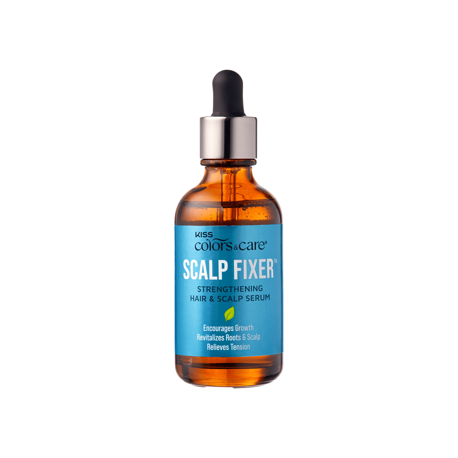 Amber dropper bottle with a blue label reading "Scalp Fixer Strengthening Hair &amp; Scalp Serum," claims to encourage growth, revitalize roots, and relieve tension.