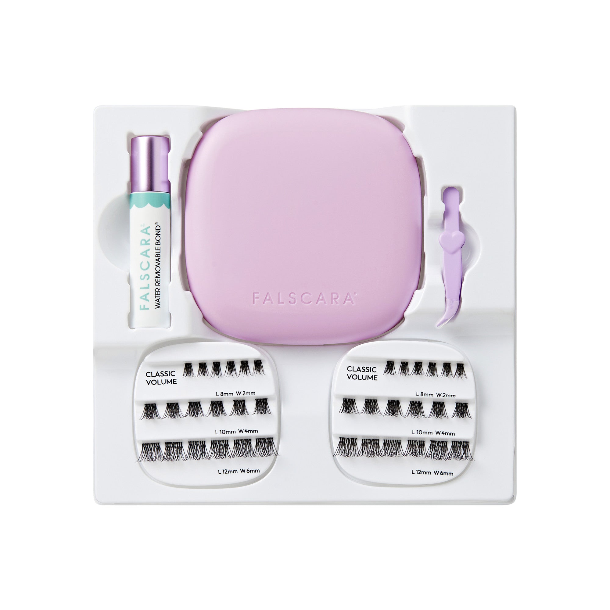 Falscara lash kit with pink case, lash strips, applicator, and water-removable bond