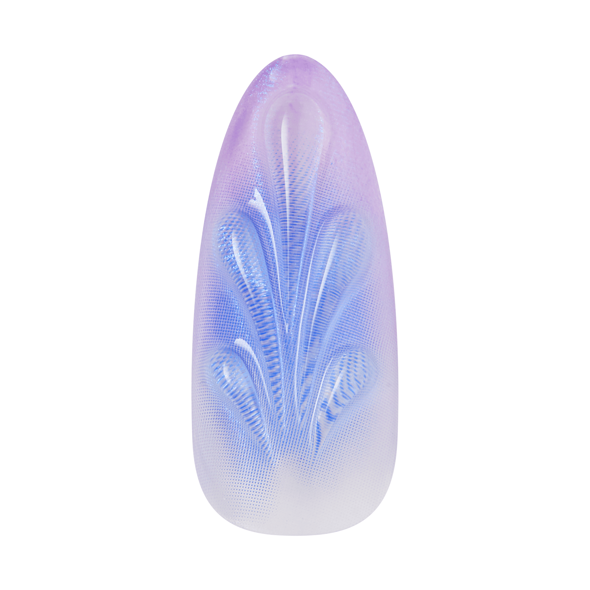 Translucent teardrop-shaped object with blue feather-like pattern gradient from purple to white.