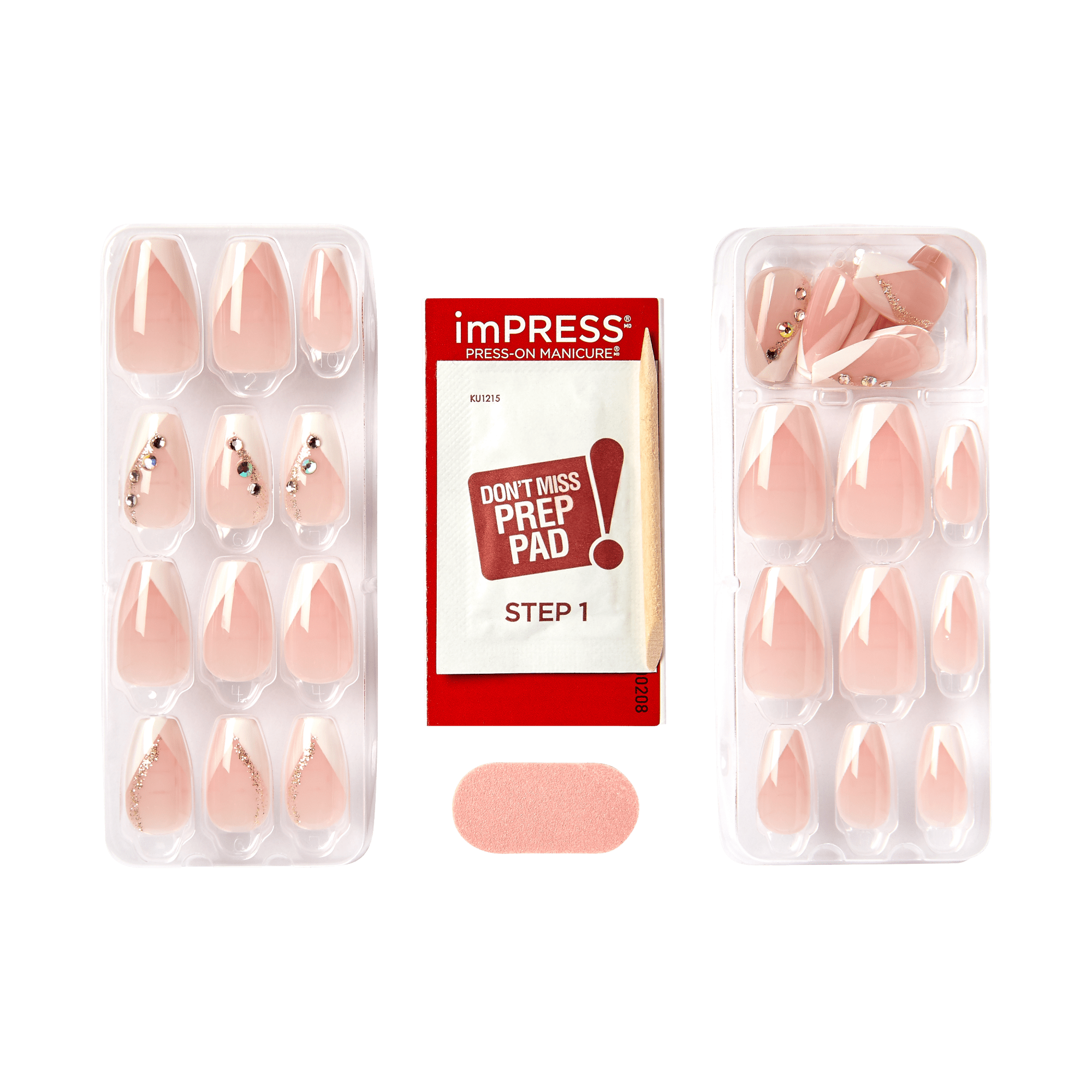 imPRESS Press-On Manicure kit with nude nails, prep pad, and applicator.