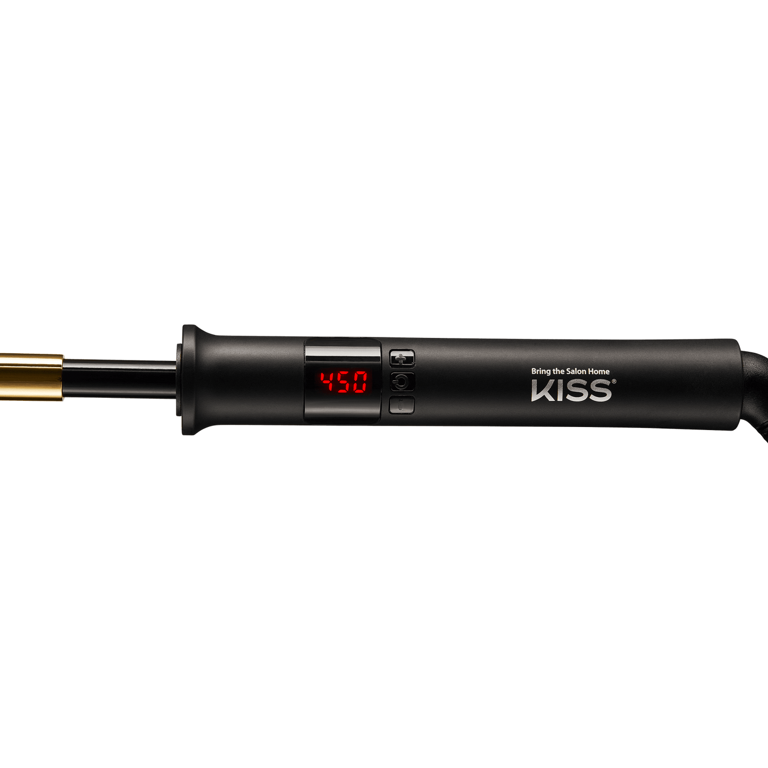 The image features a curling iron with a sleek black handle and a gold barrel. The handle includes a digital display showing a temperature of 450 degrees Fahrenheit, along with control buttons for adjusting the heat settings. The brand name "KISS" is prominently displayed on the handle, and the phrase "Bring the Salon Home" is also visible, suggesting a focus on professional-quality styling for home use. The overall design appears modern and user-friendly.