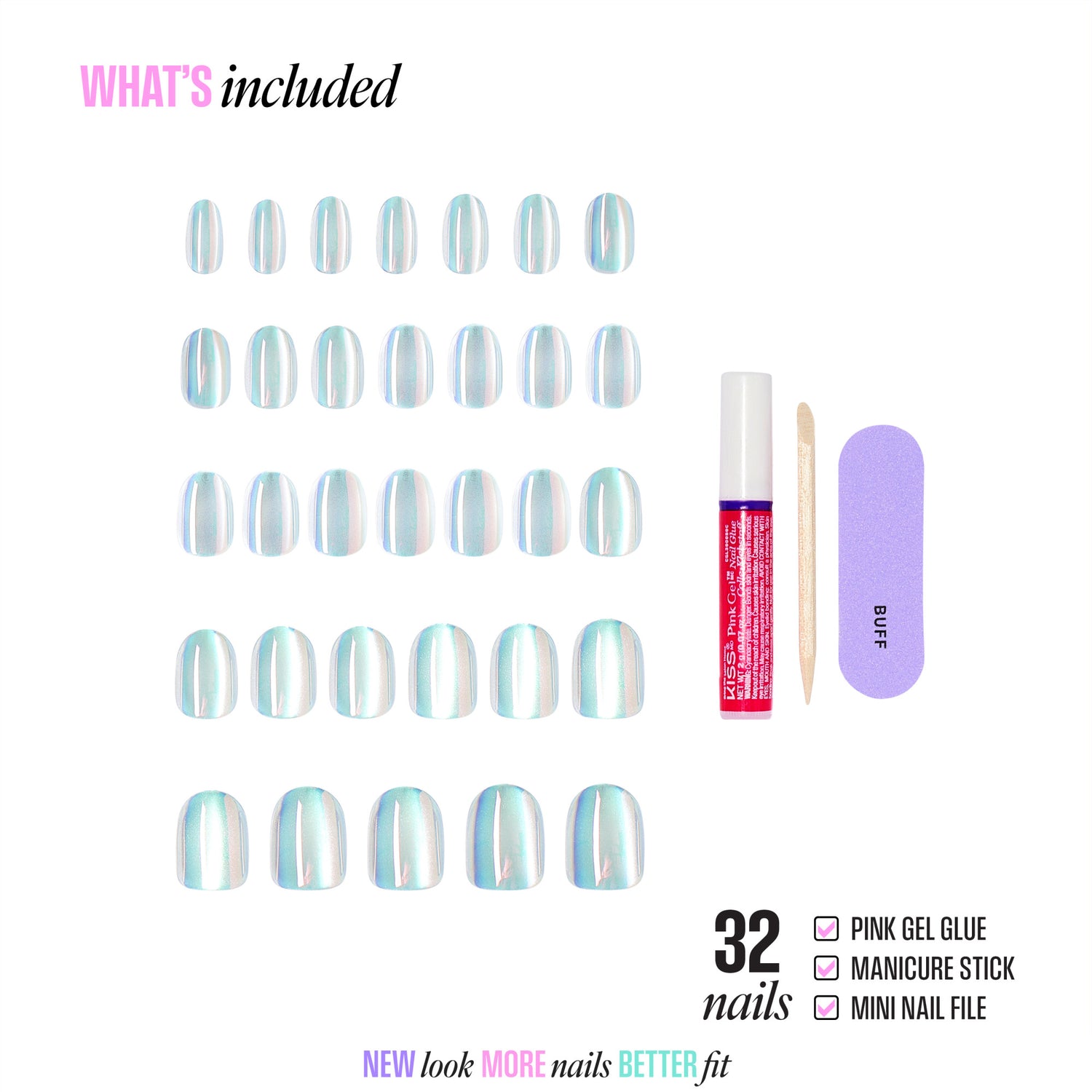 32 iridescent press-on nails with gel glue, manicure stick, and nail file included.