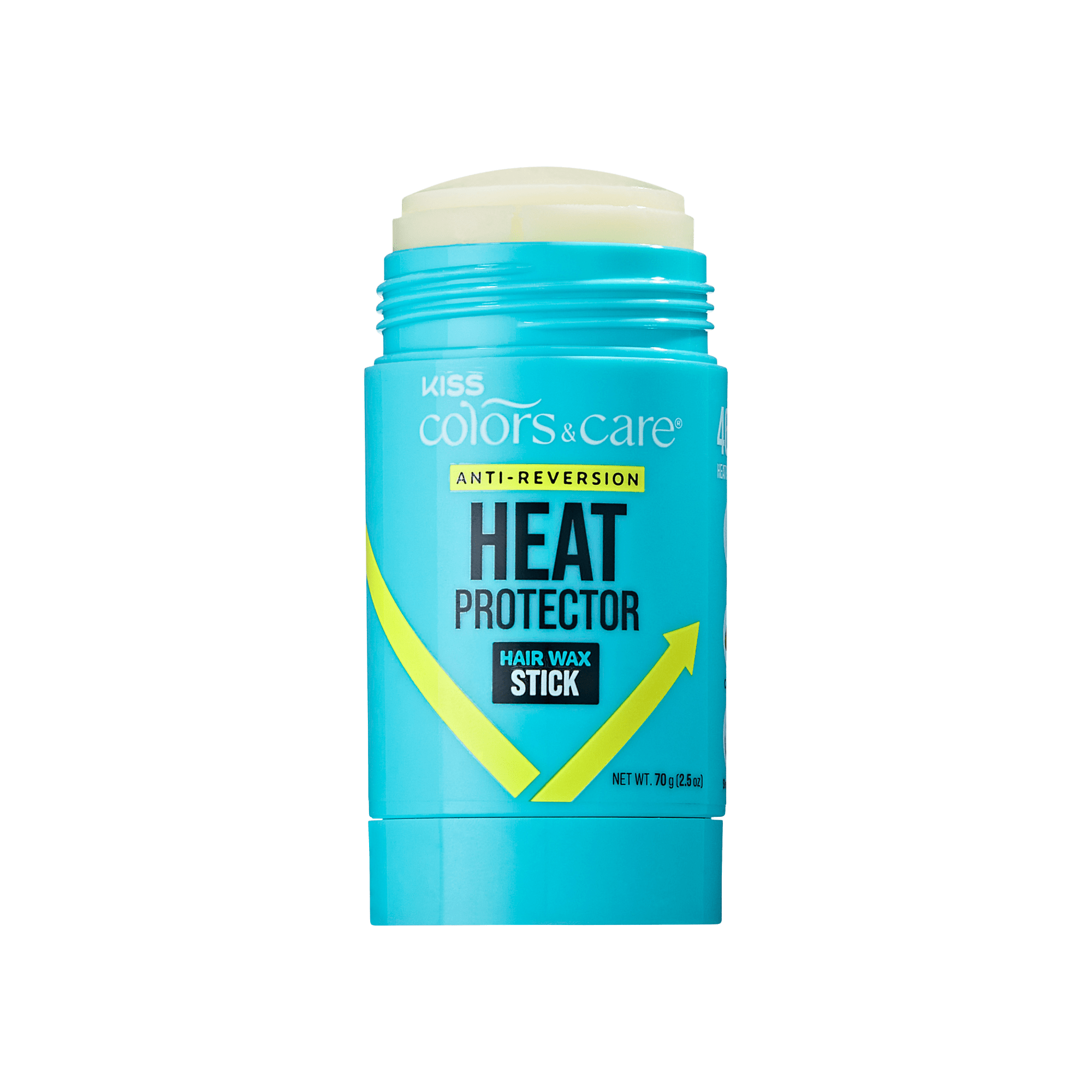 KISS Colors &amp; Care blue heat protector hair wax stick with yellow accent, labeled "Anti-Reversion Heat Protector Hair Wax Stick," 70g size.