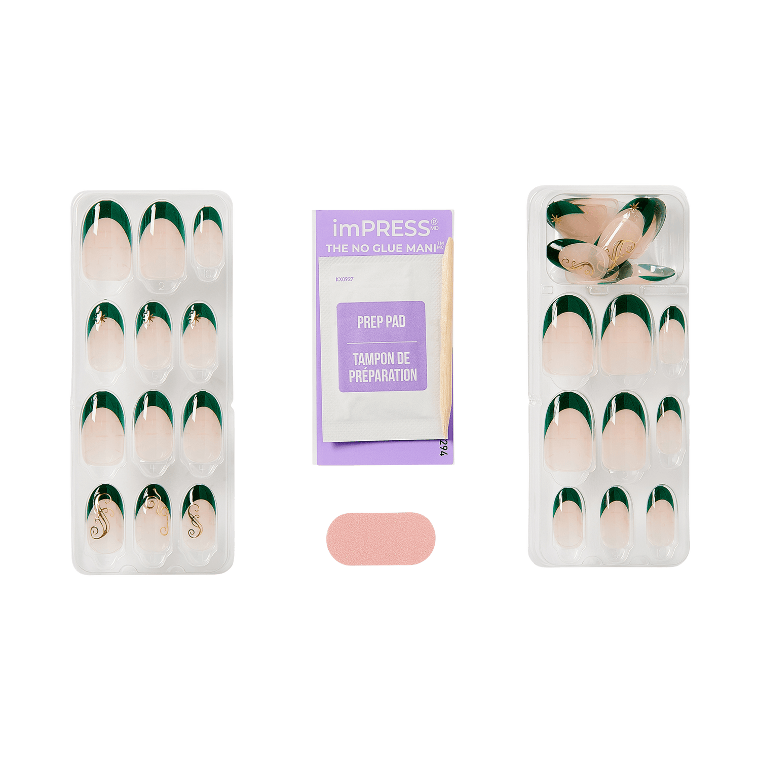 The image features a set of artificial nails from the brand imPRESS. There are two trays of nails displayed on either side, showcasing a variety of styles. The nails have a natural pink base with a glossy finish and feature a green tip design. In the center, there is a prep pad, which is likely used for cleaning the natural nails before application. The overall presentation highlights a convenient and stylish option for nail enhancement without the need for glue.