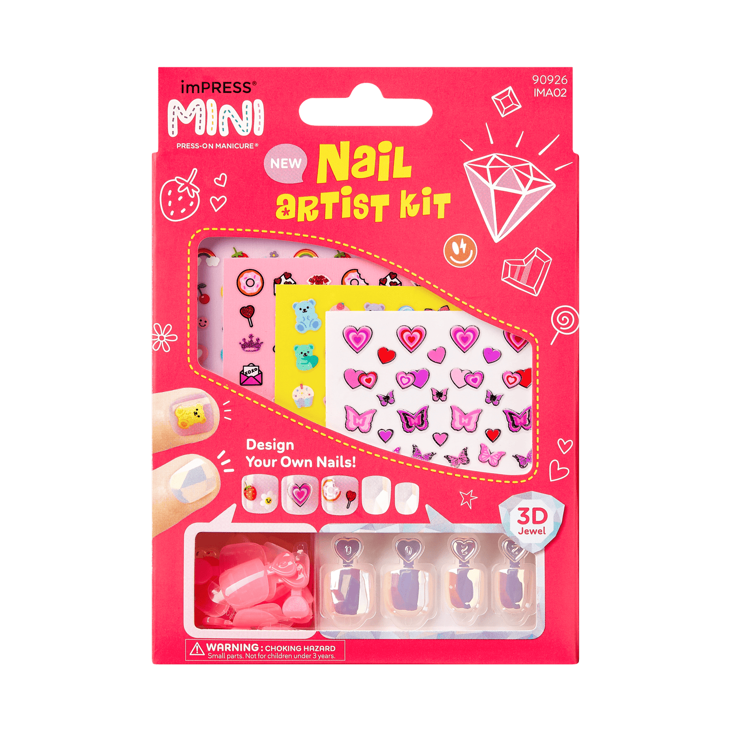 imPRESS MINI Nail Artist Kit with press-on nails, design sheets, and 3D jewel embellishments.