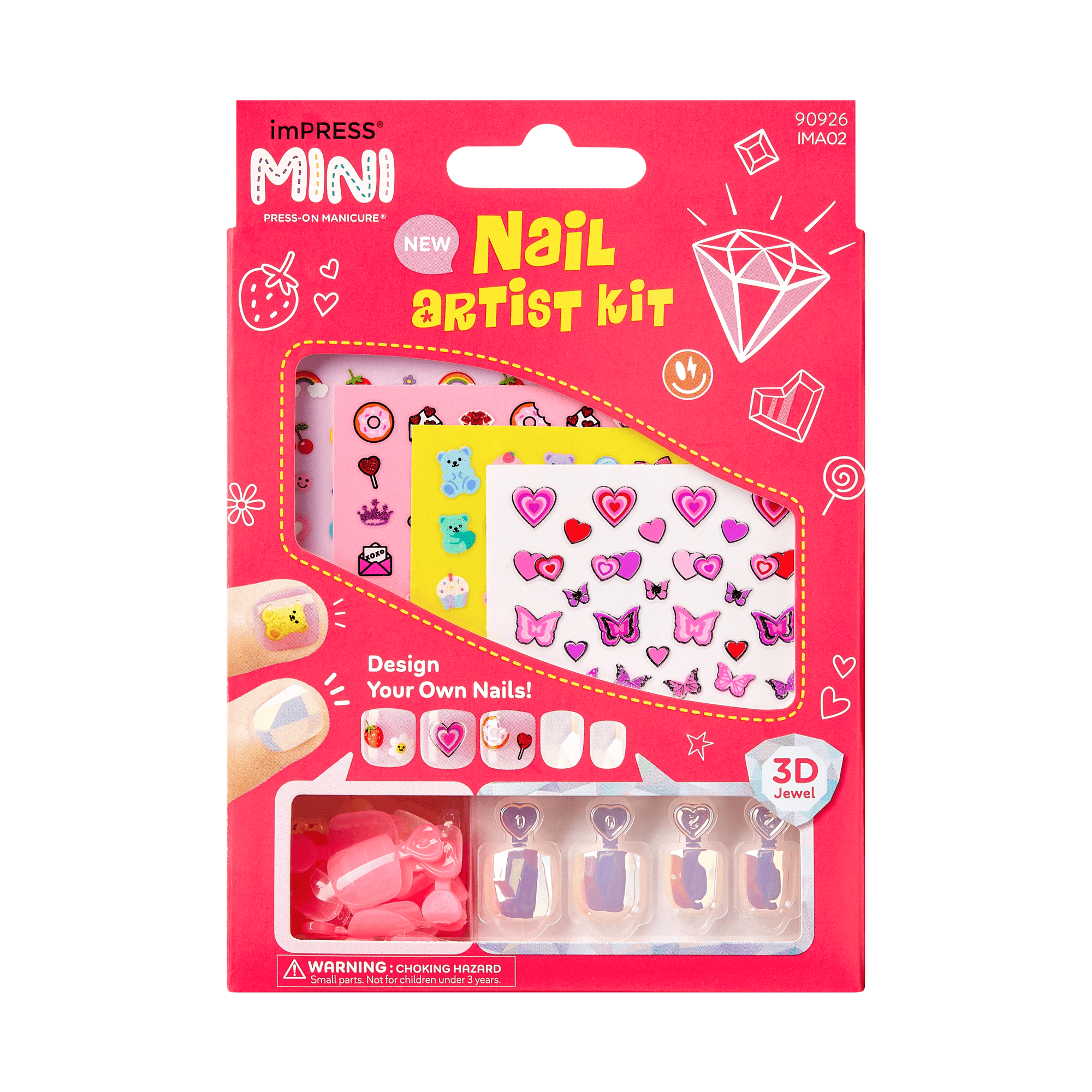 imPRESS MINI Nail Artist Kit with press-on nails, design sheets, and 3D jewel embellishments.
