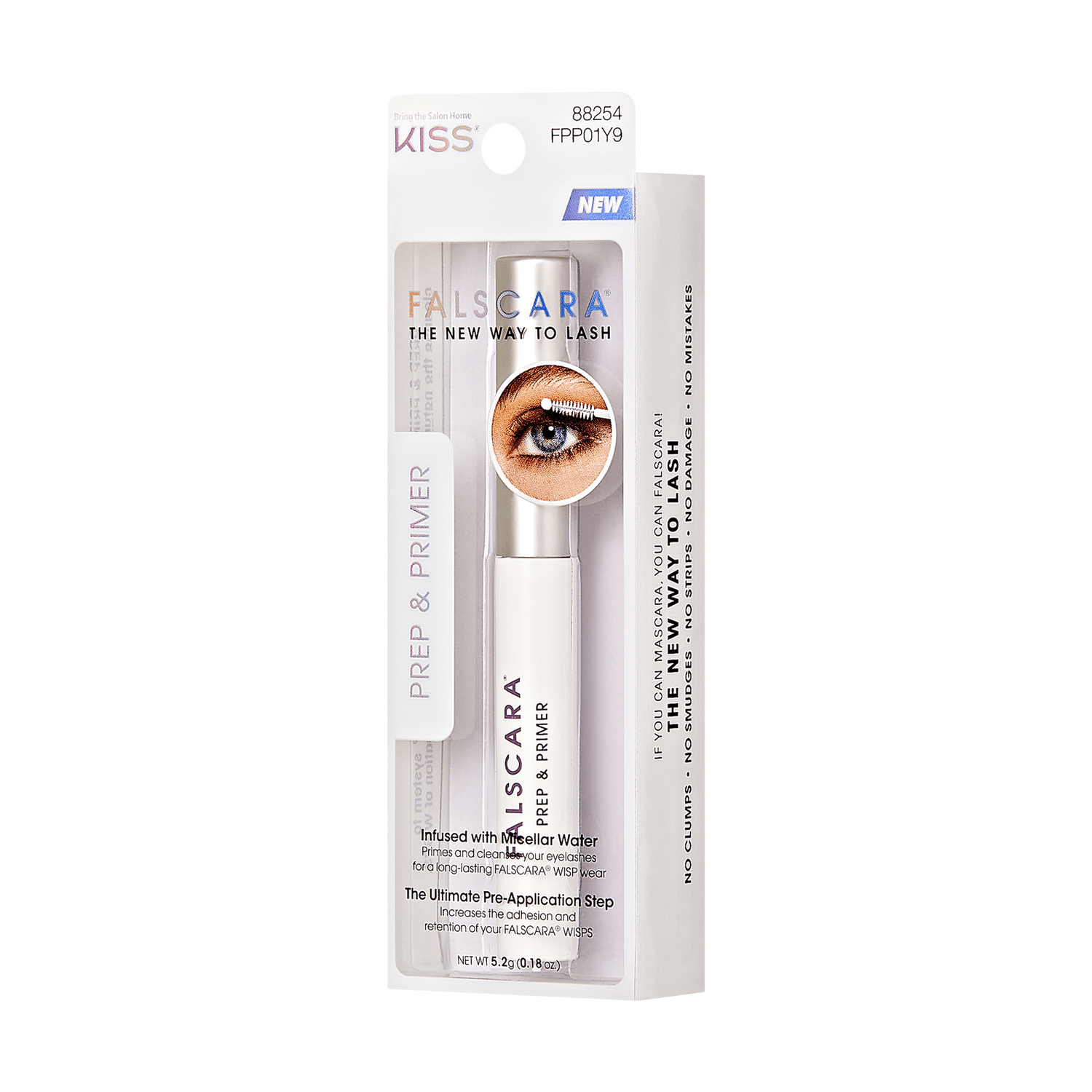 FALSCARA Prep &amp; Primer in white tube with silver cap, in clear packaging highlighting \