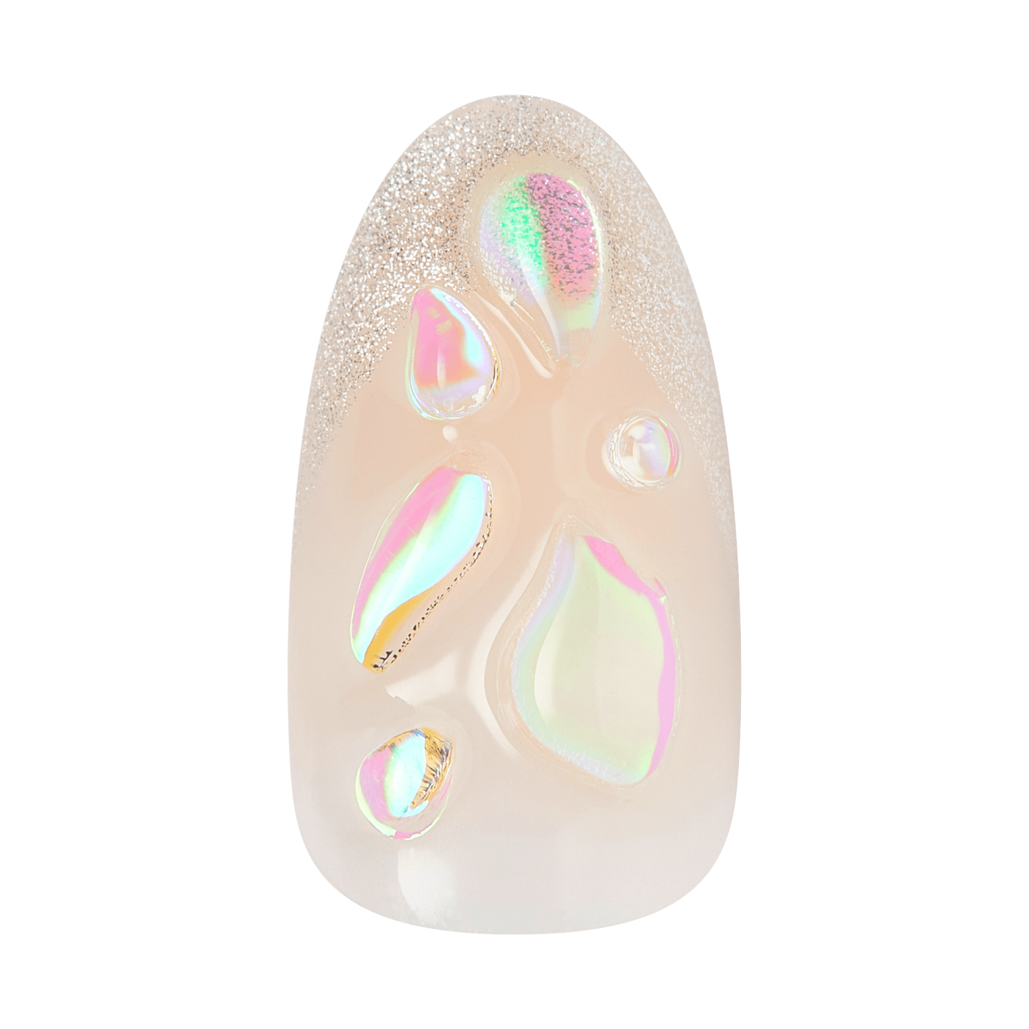 Cream almond nail with glitter tip and iridescent holographic teardrop and geometric designs.