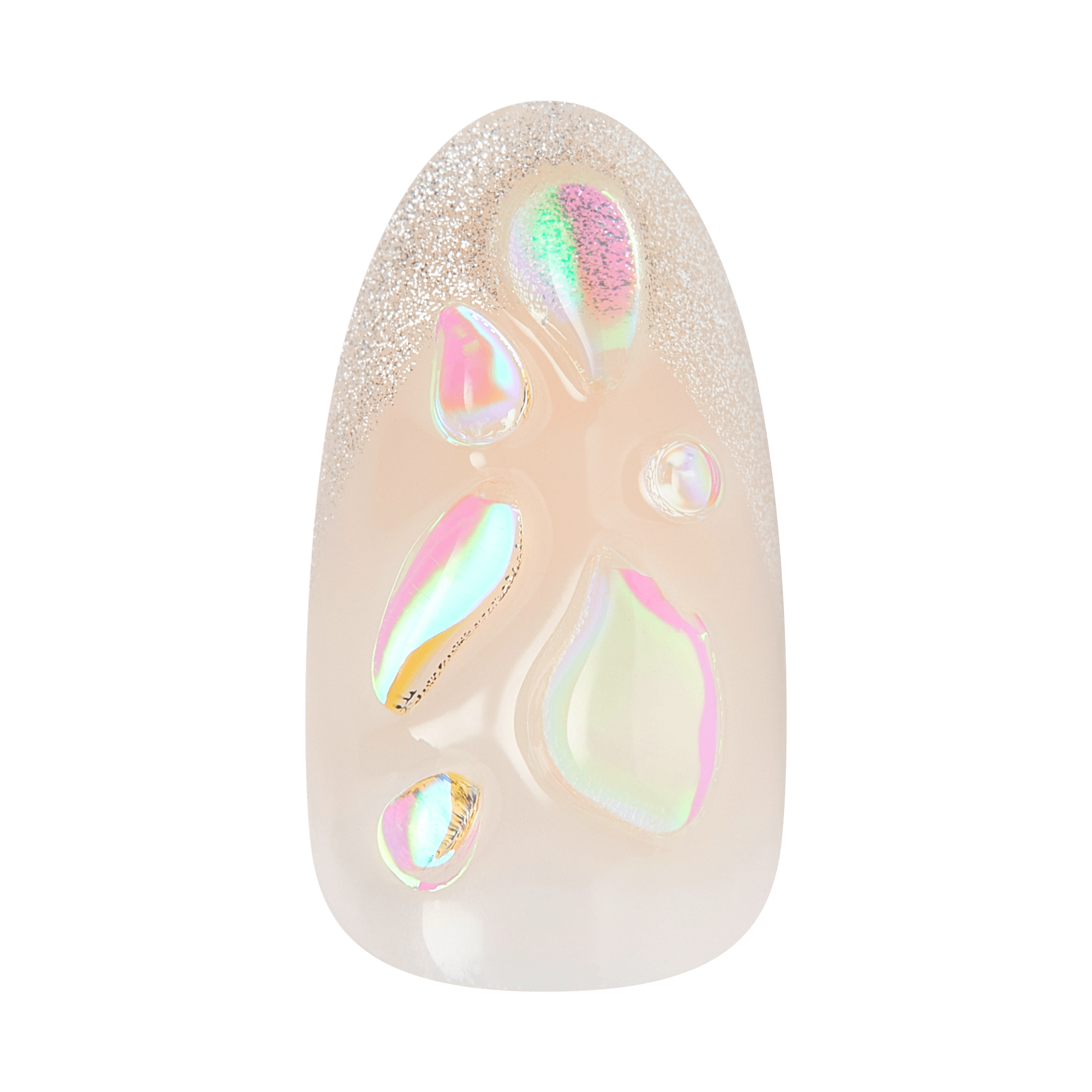 Cream almond nail with glitter tip and iridescent holographic teardrop and geometric designs.