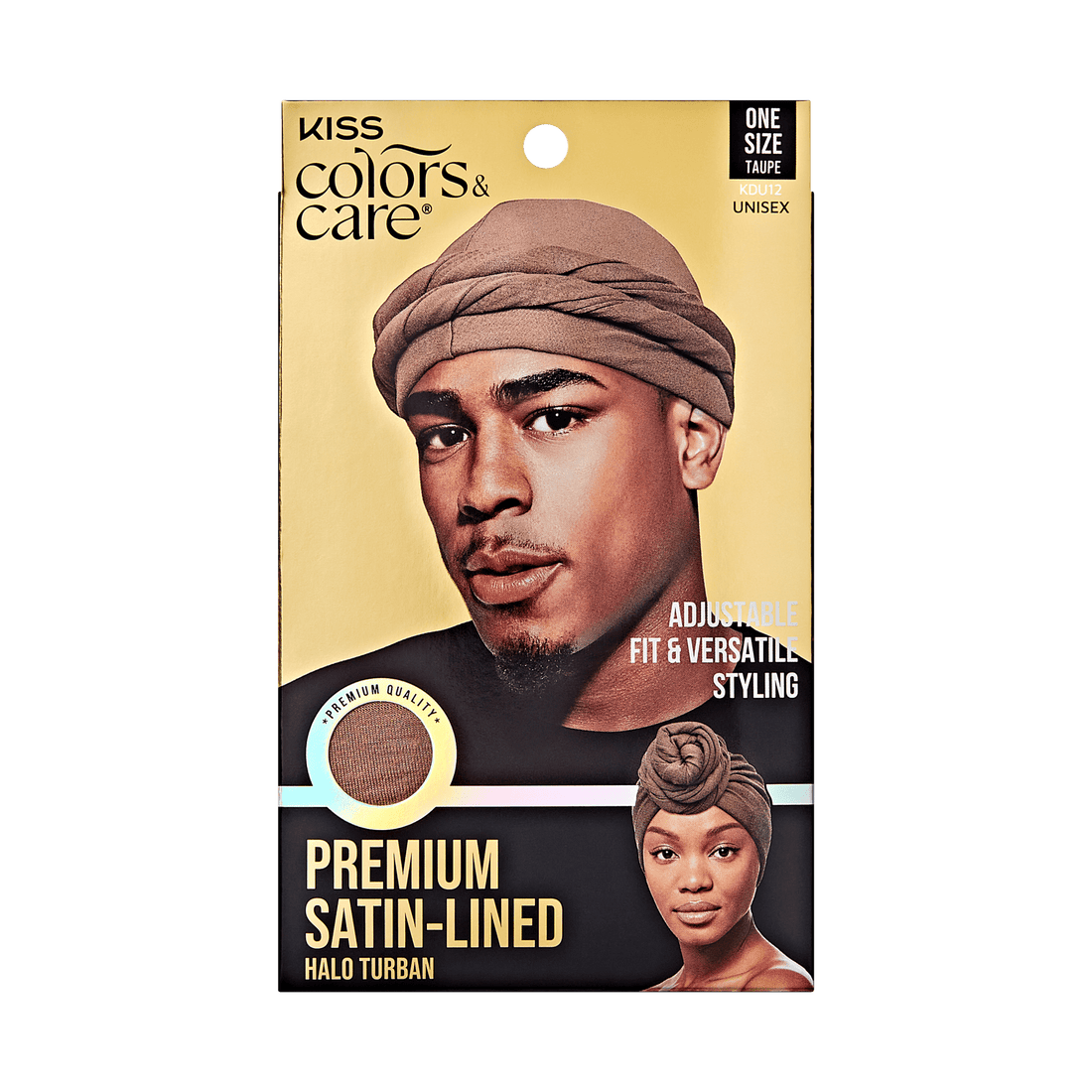 KISS Colors &amp; Care packaging showing taupe satin-lined halo turban on man and woman, labeled premium quality, adjustable fit, one size unisex.