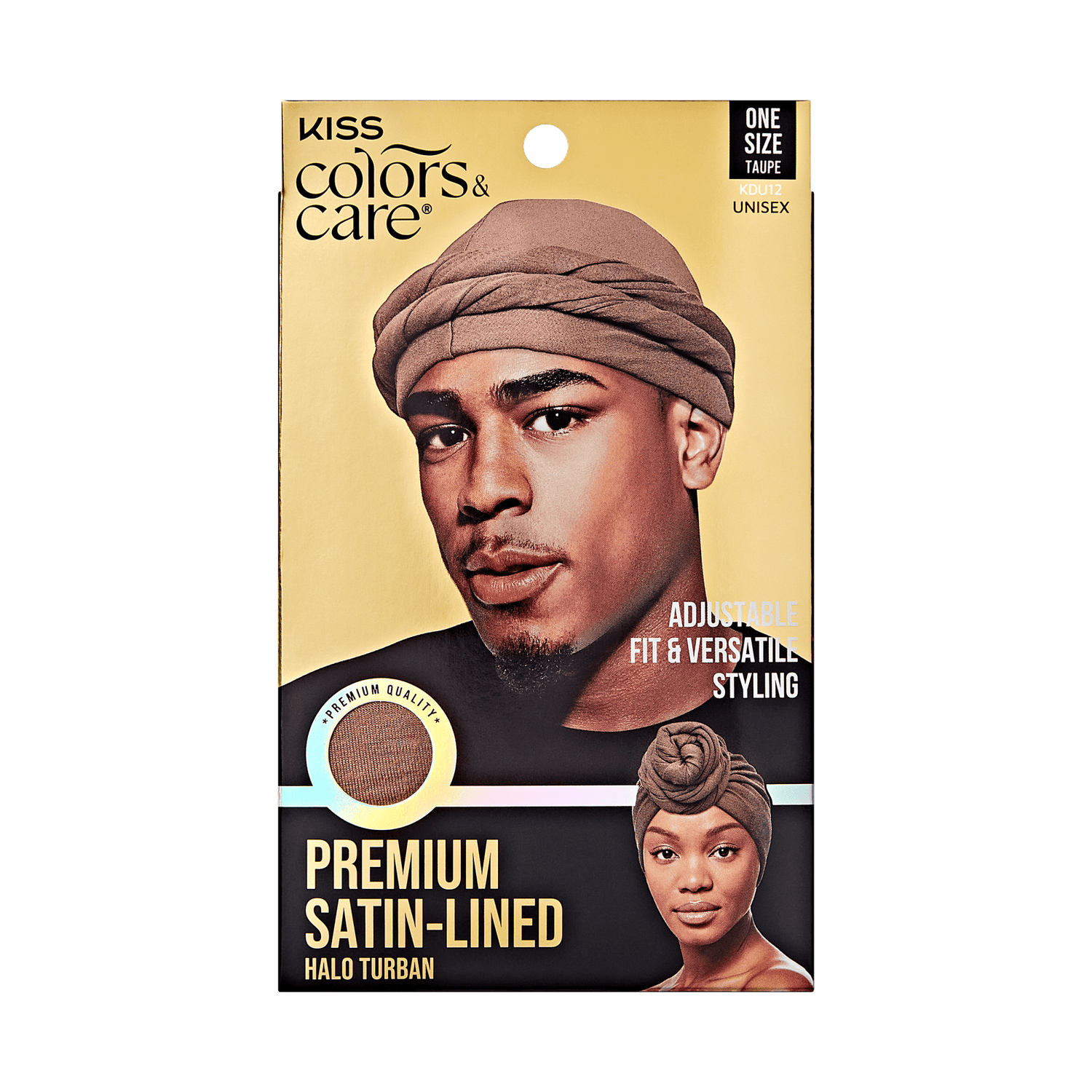 KISS Colors &amp; Care packaging showing taupe satin-lined halo turban on man and woman, labeled premium quality, adjustable fit, one size unisex.