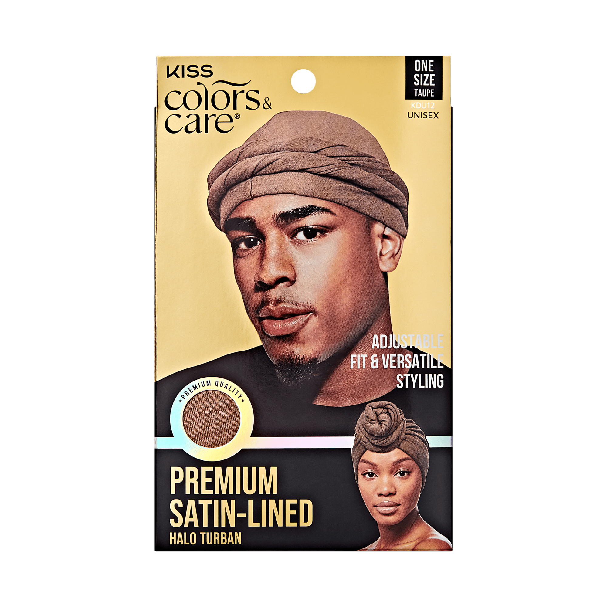KISS Colors &amp; Care packaging showing taupe satin-lined halo turban on man and woman, labeled premium quality, adjustable fit, one size unisex.