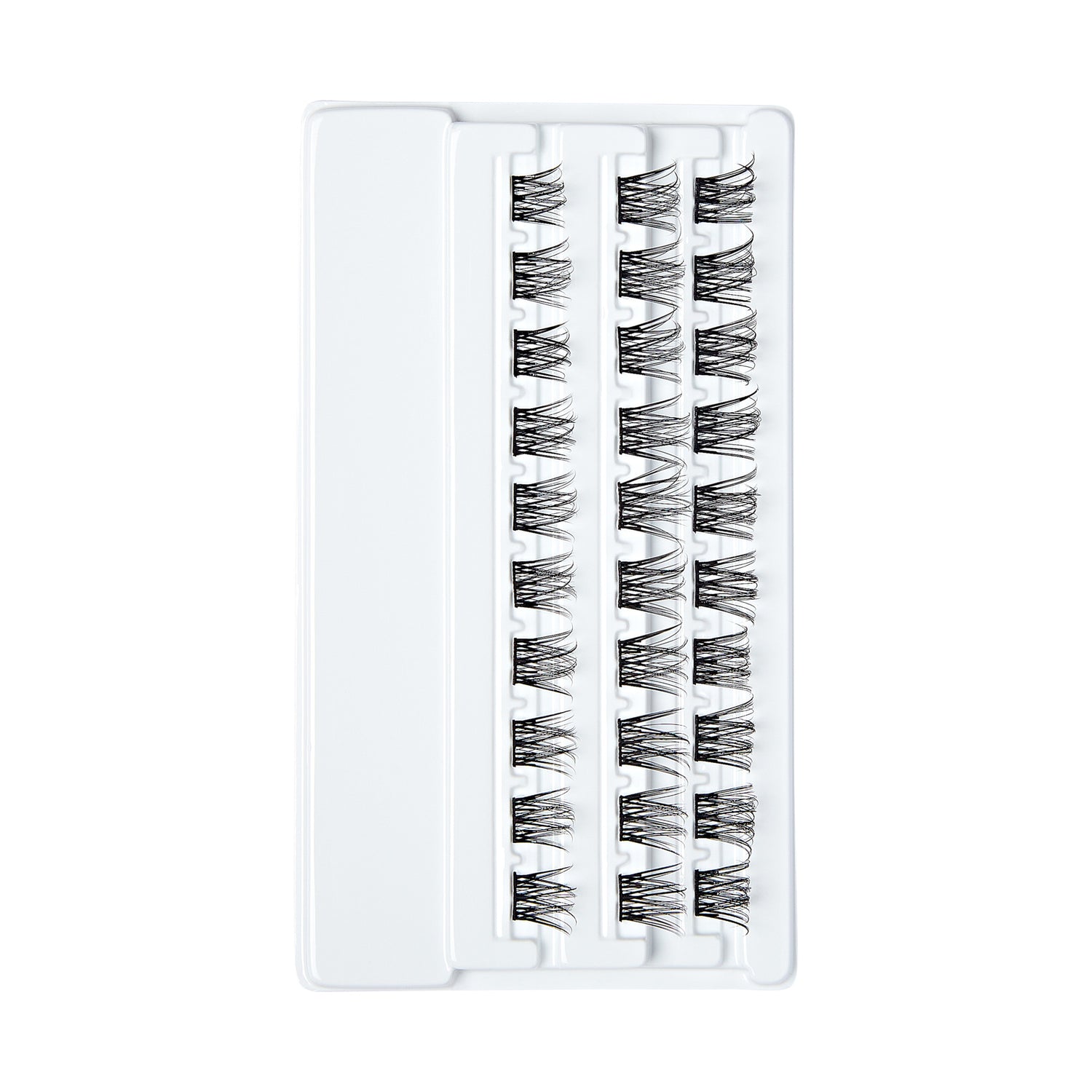 Thirty black wispy self-adhesive eyelash clusters arranged in three rows on a white plastic tray, for refill use.