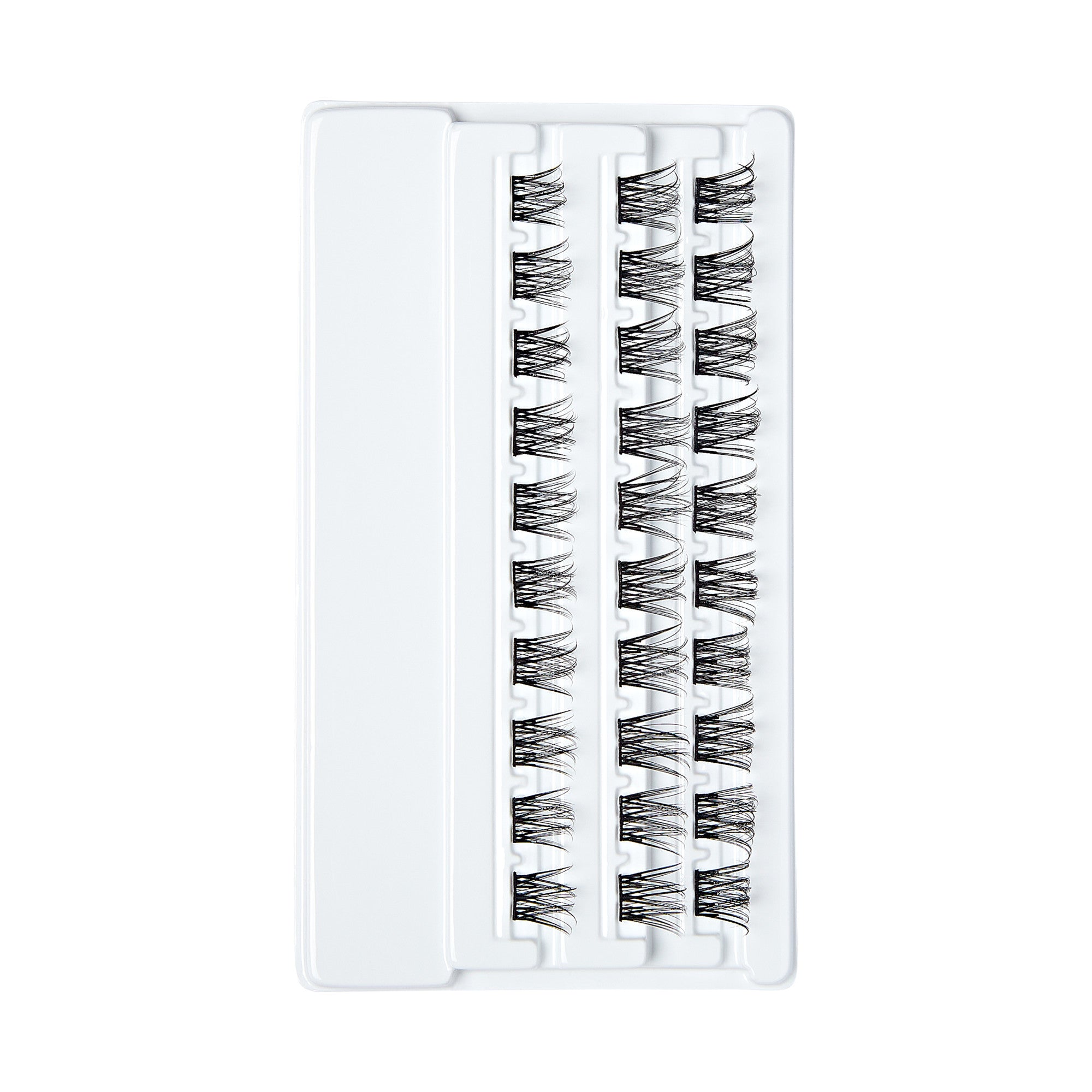 Thirty black wispy self-adhesive eyelash clusters arranged in three rows on a white plastic tray, for refill use.