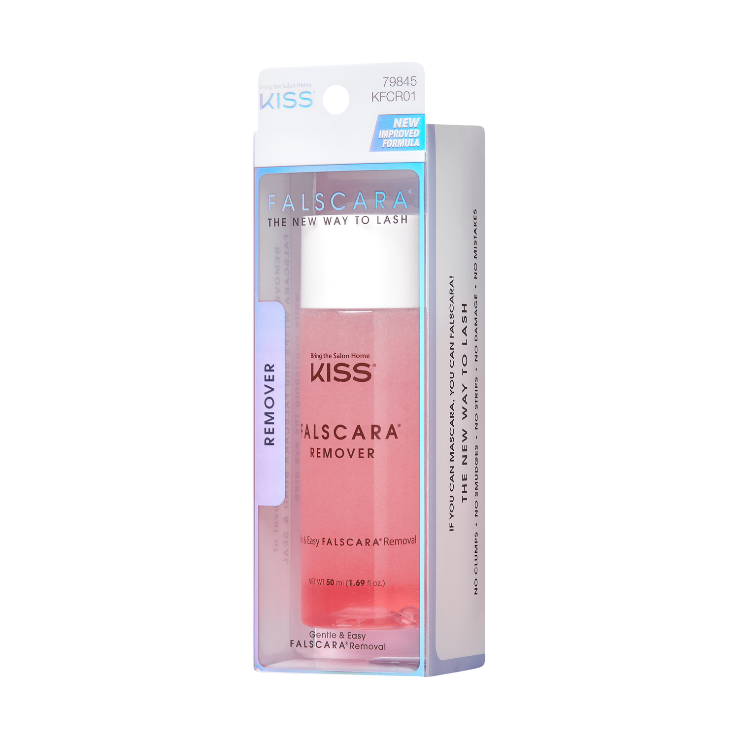 KISS FALSCARA Remover in clear plastic box, pink liquid bottle with white cap, labeled for gentle and easy FALSCARA eyelash removal. New improved formula.
